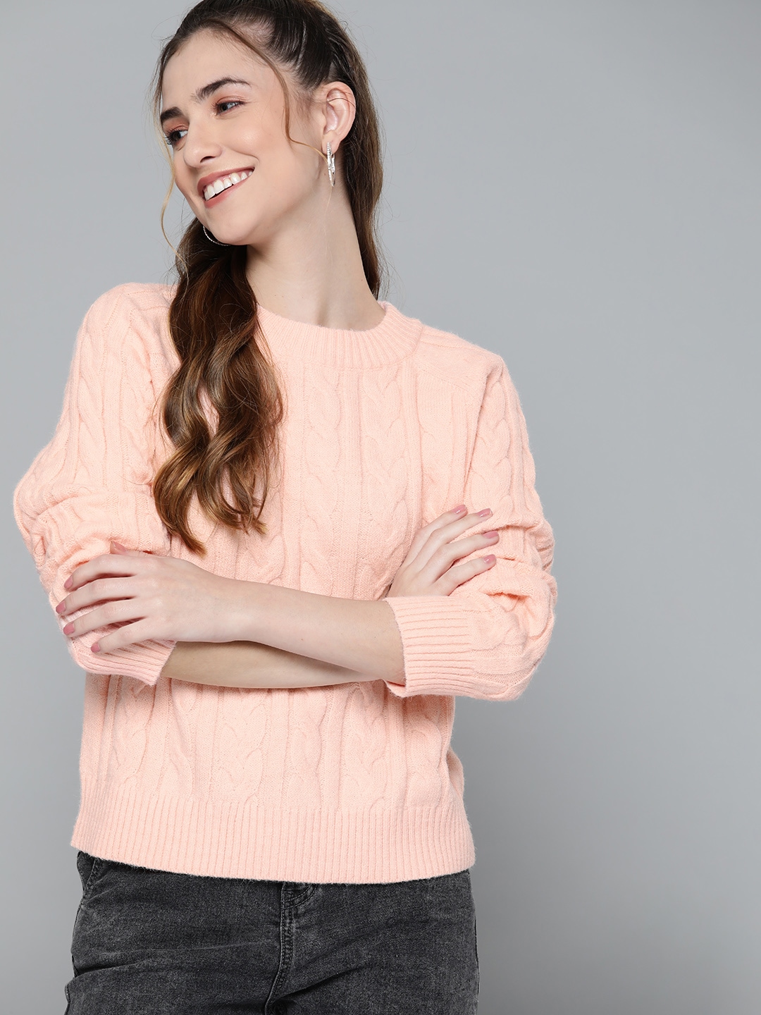 HERE&NOW Women Peach-Coloured Cable Knit Pullover Price in India