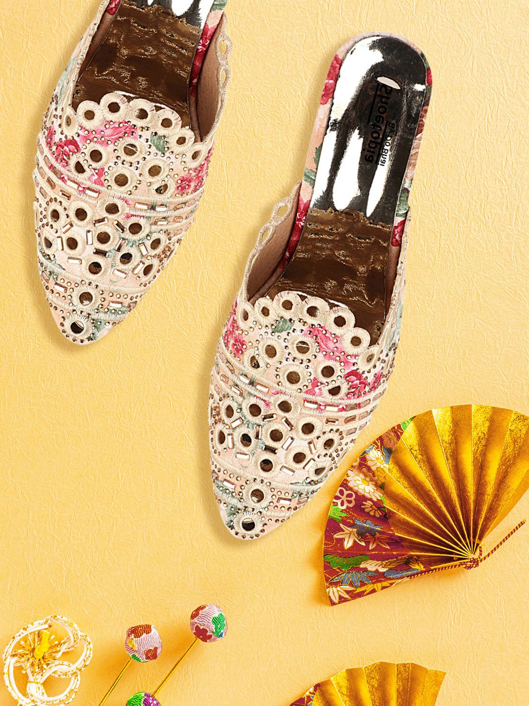 Shoetopia Women Cream-coloured Woven Design Embellished Mules Price in India