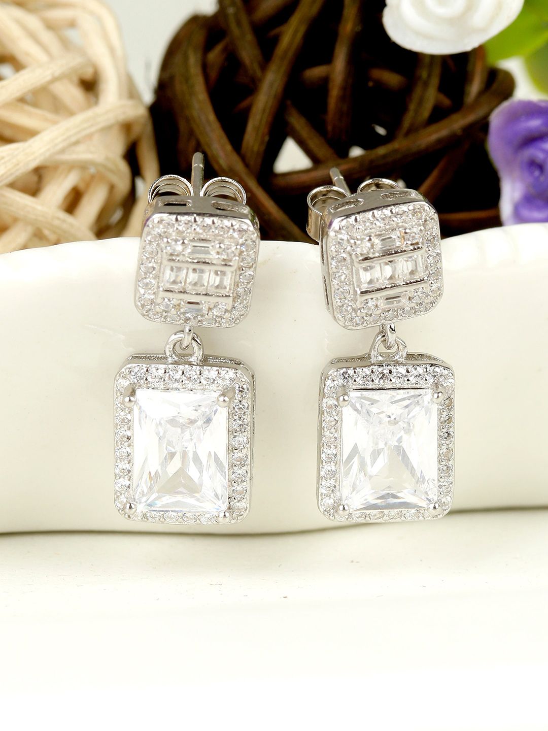 GIVA 925 Sterling Silver & White Square Zircon Drop Earrings Price in India