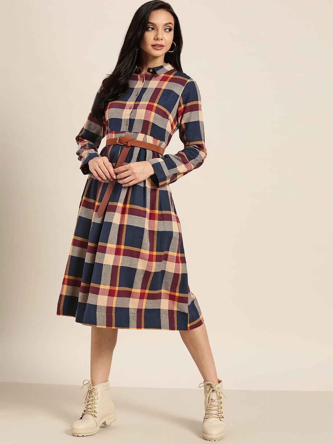 Sangria Navy Blue & Beige Checked Pure Cotton A-Line Midi Dress Price in India