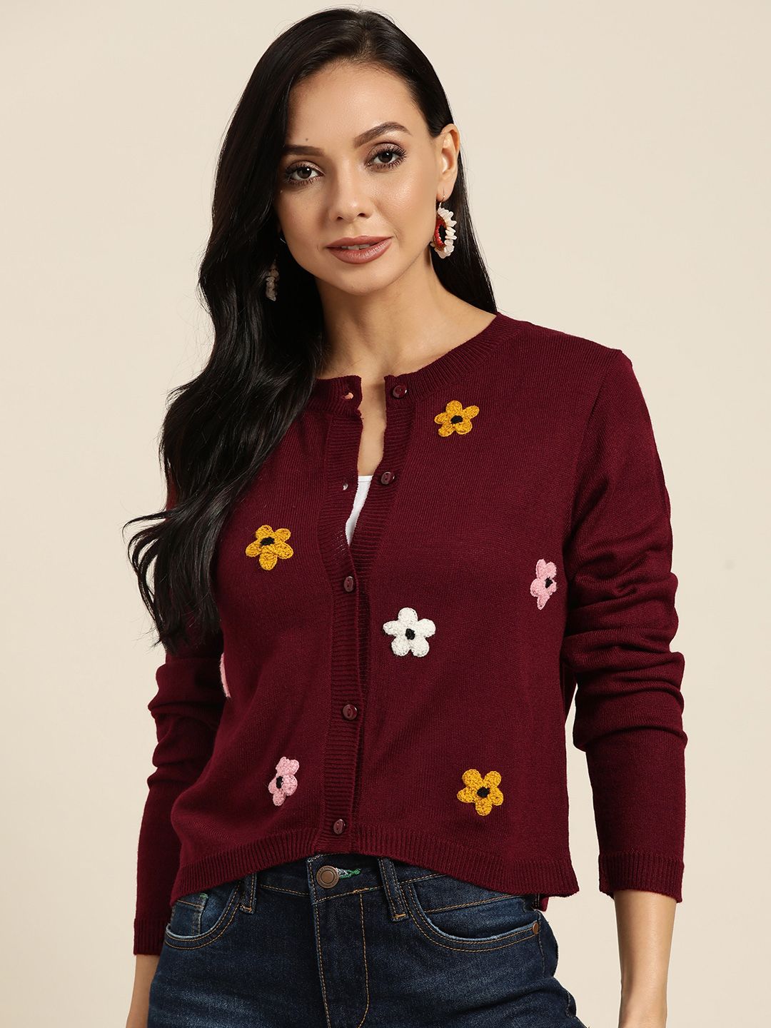 Sangria Women Maroon Floral Embroidered Cardigan