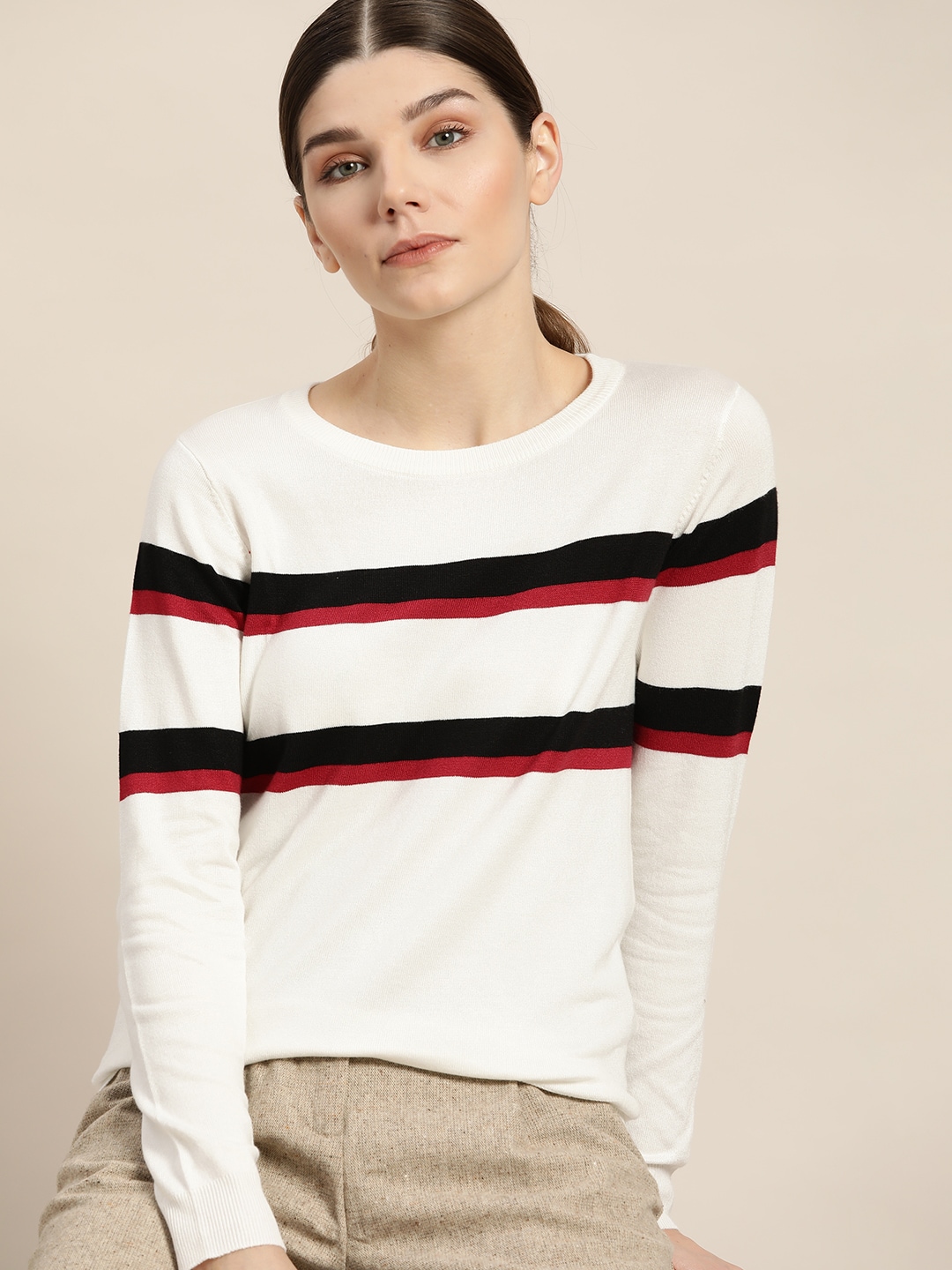 ether Women White Striped Pullover Price in India