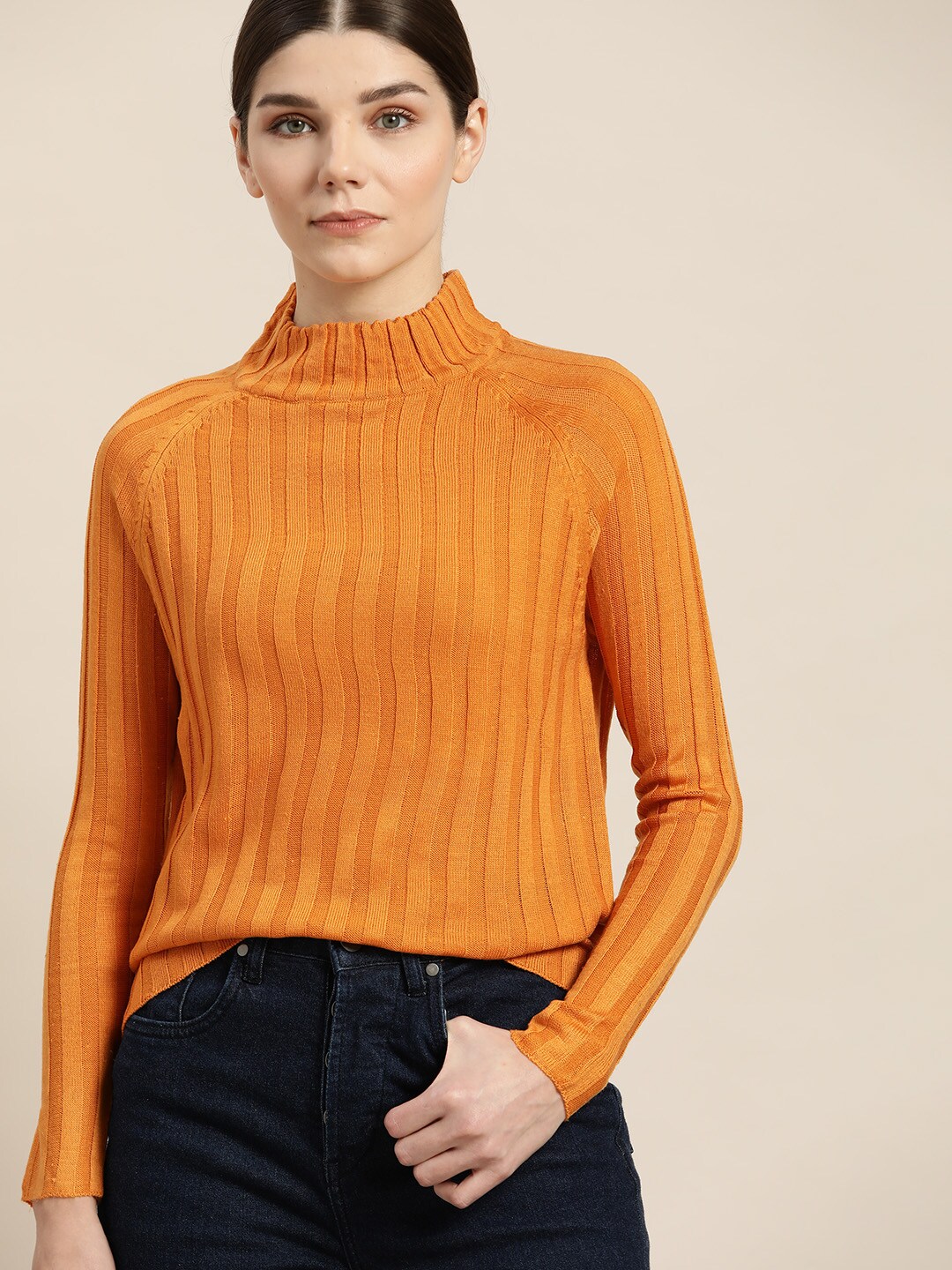 ether Women Orange Self-Striped Pullover Price in India