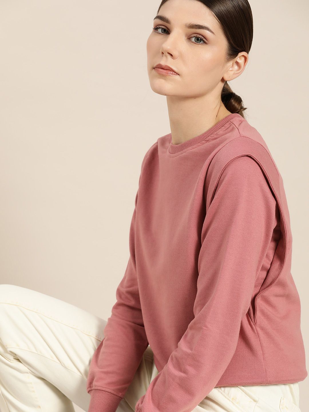 ether Women Dusty Pink Solid Sweatshirt Price in India