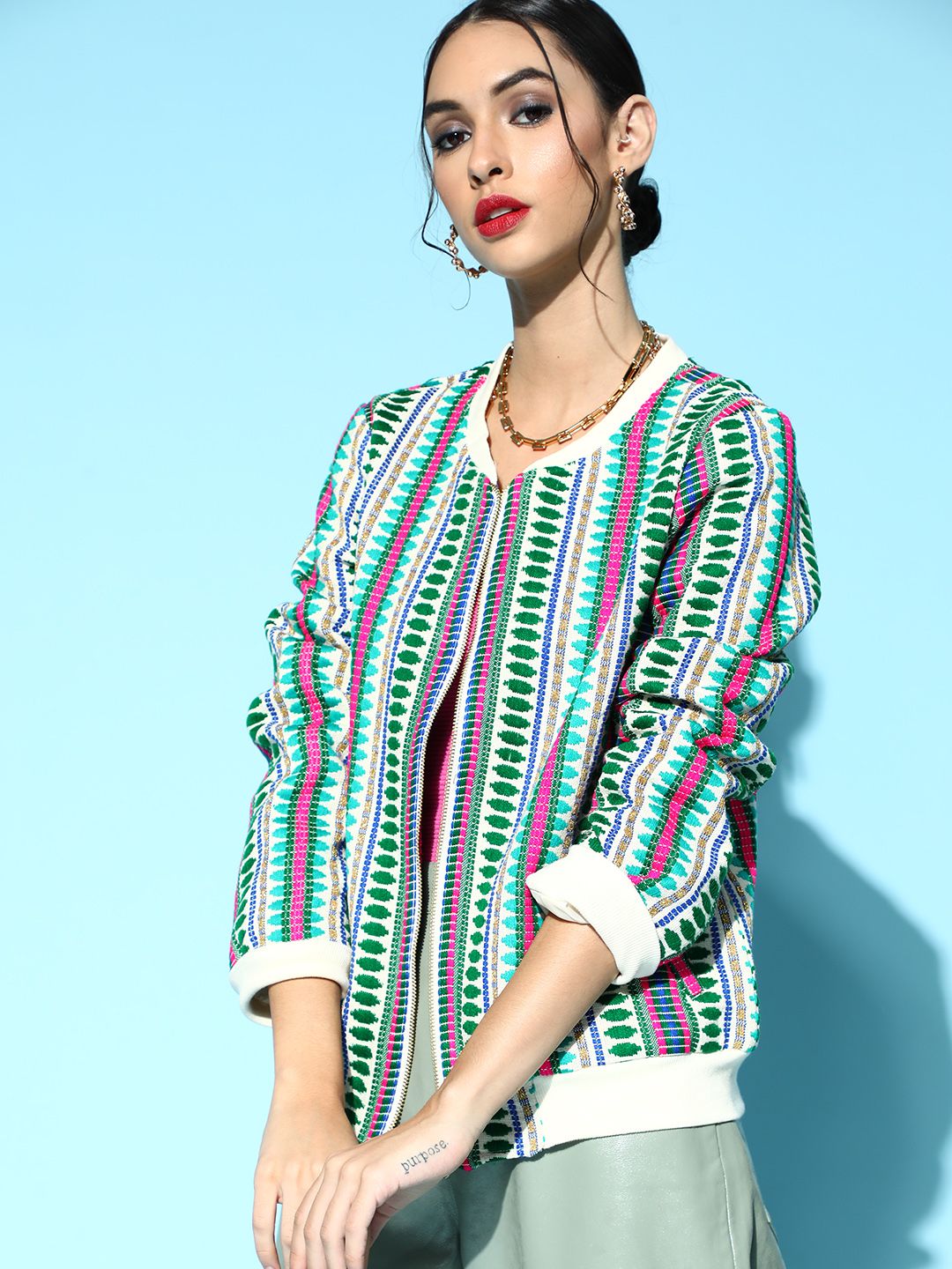 Sangria Women Beautiful Off White Self Design Fusion Jacket Price in India
