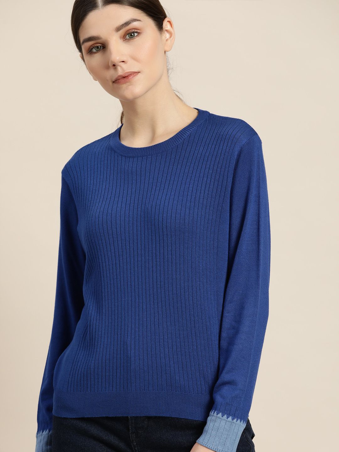 ether Women Blue Self-Striped Pullover Price in India