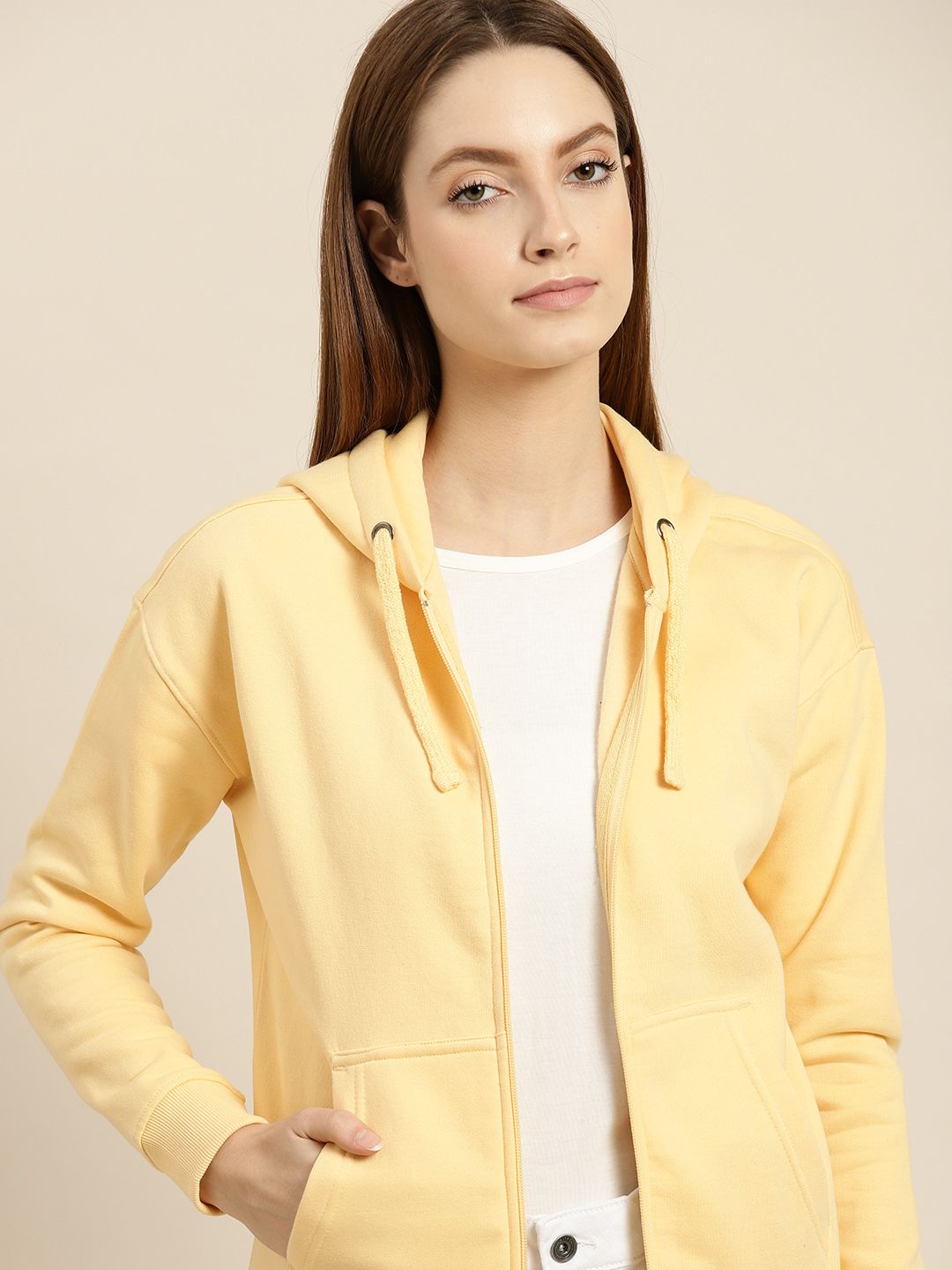ether Women Yellow Solid Hooded Sweatshirt Price in India