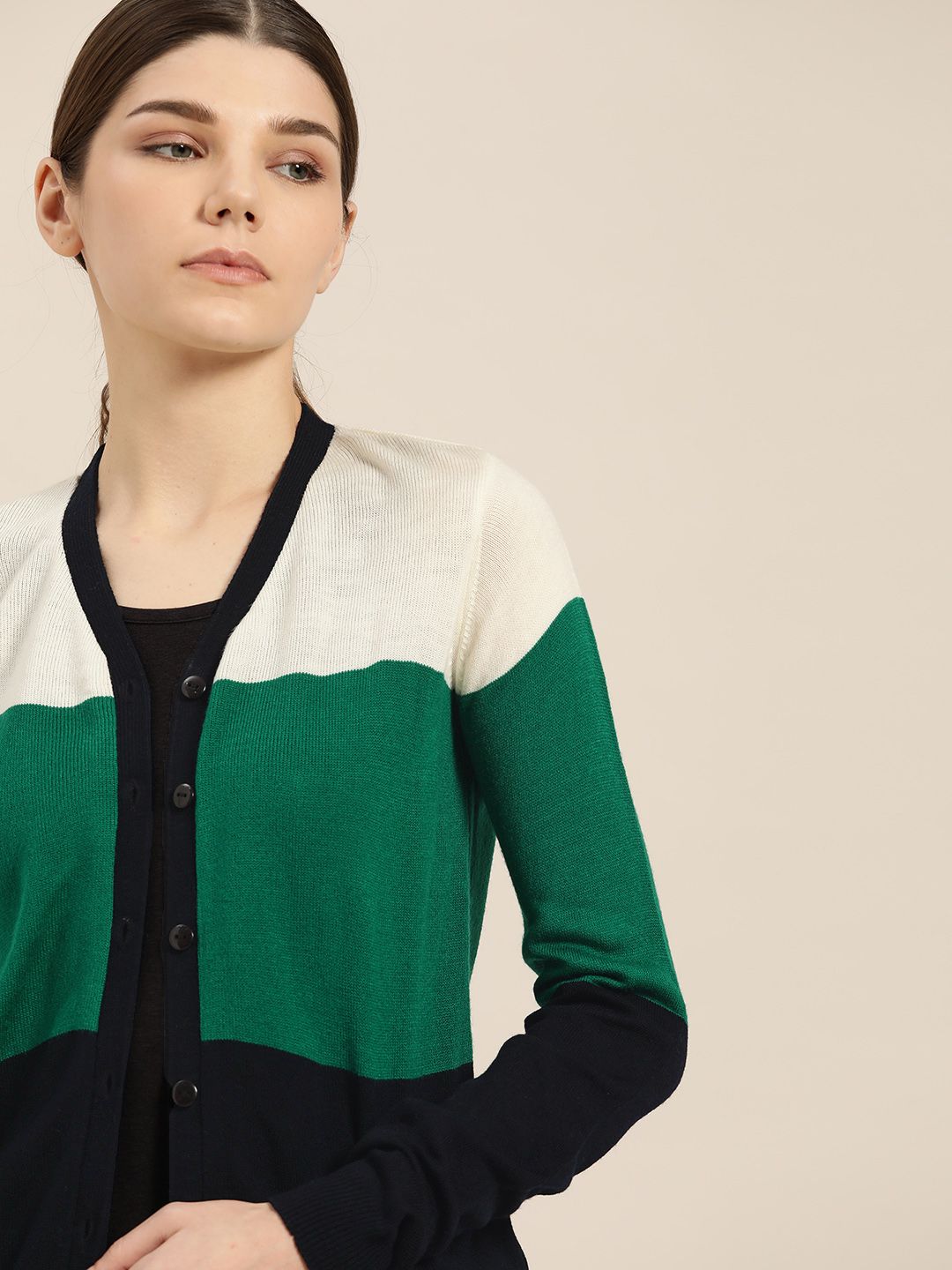 ether Women Navy Blue & Green Colourblocked Cardigan Price in India