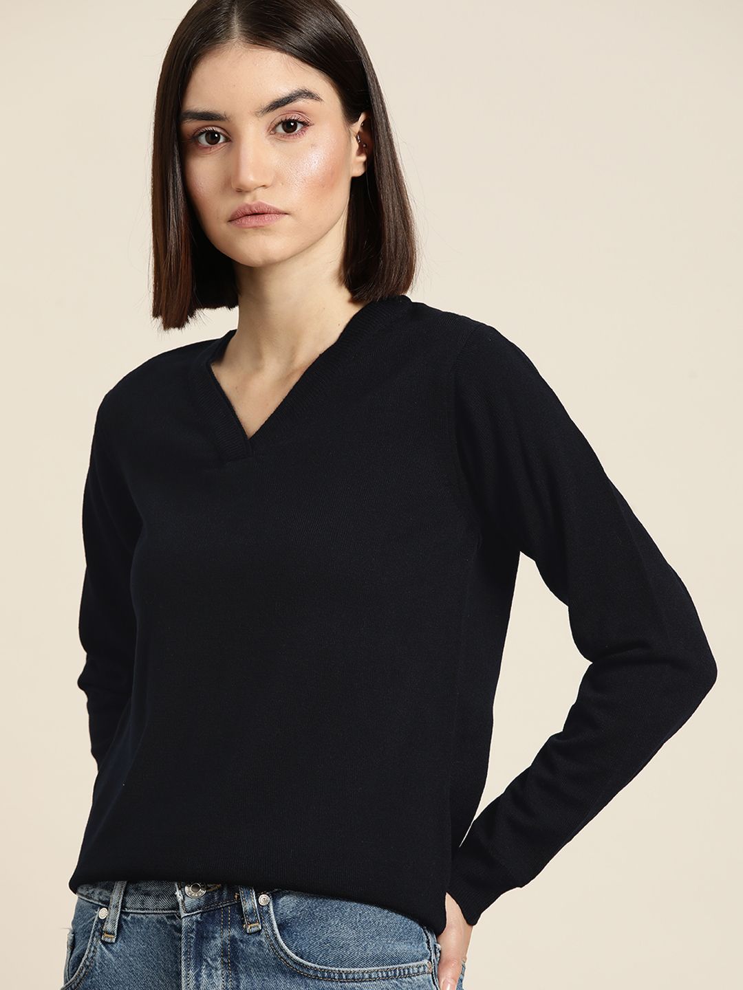 ether Women Navy Blue Solid Pullover Price in India