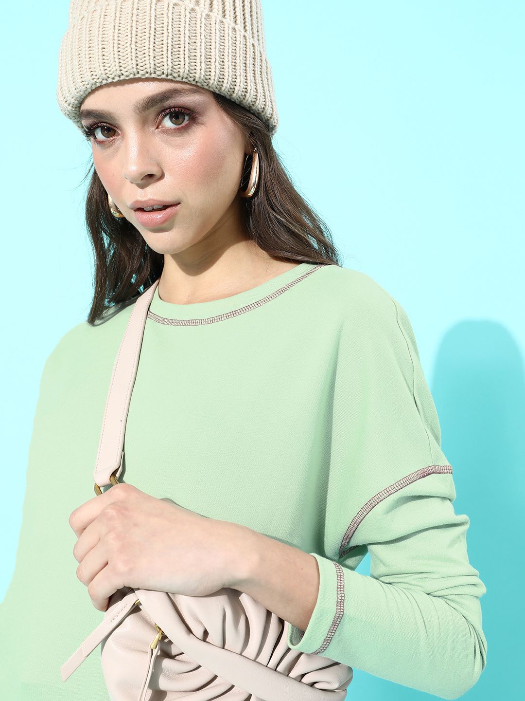 ether Women Gorgeous Green Solid Drop-Shoulder Sleeves Sweatshirt Price in India