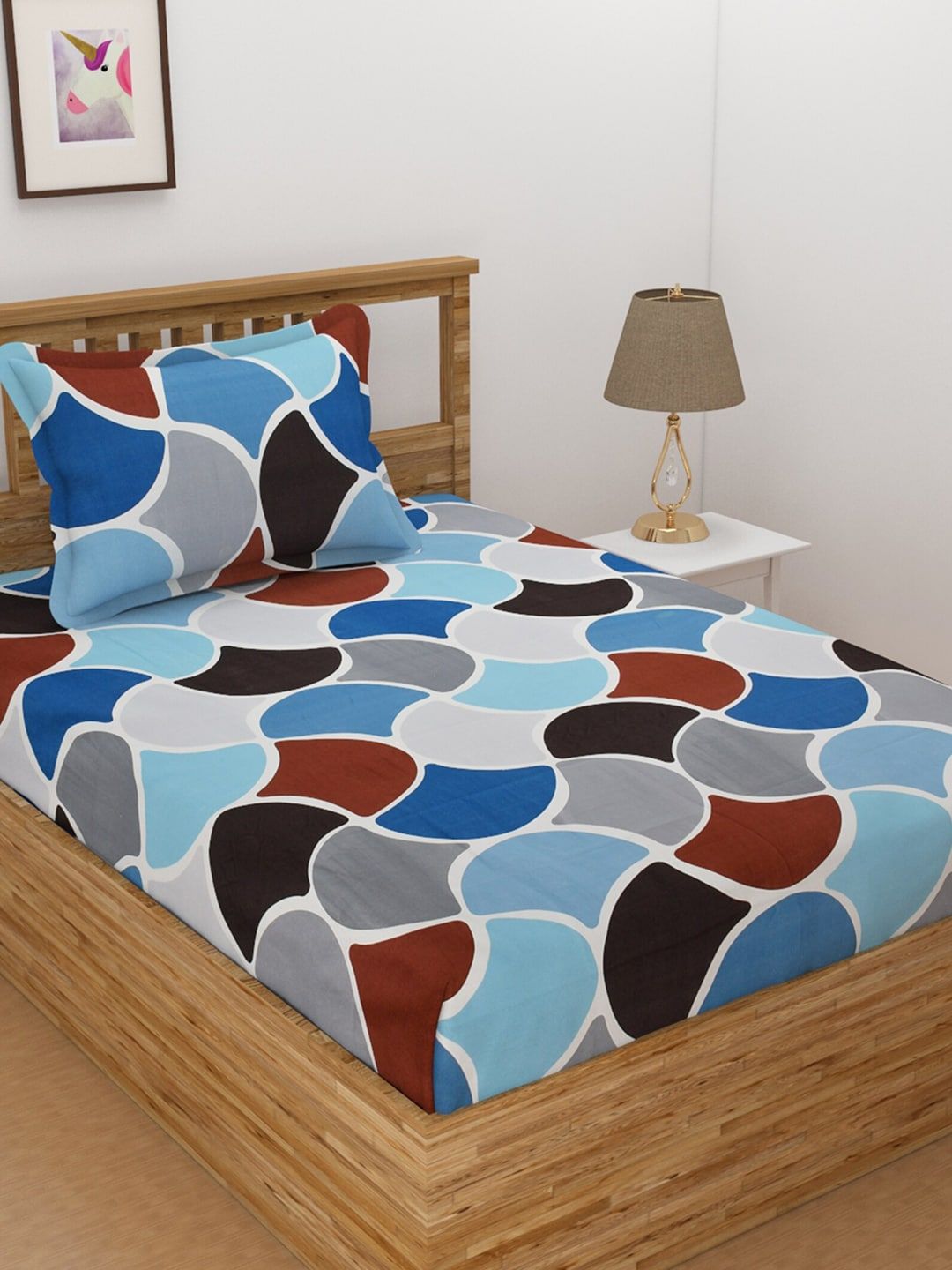 Florida Blue & Grey Geometric 144 TC Single Bedsheet with 1 Pillow Covers Price in India