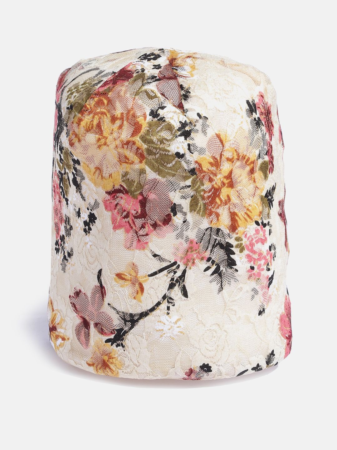 DressBerry Women Cream-Coloured & Pink Floral Print Net Beanie Price in India