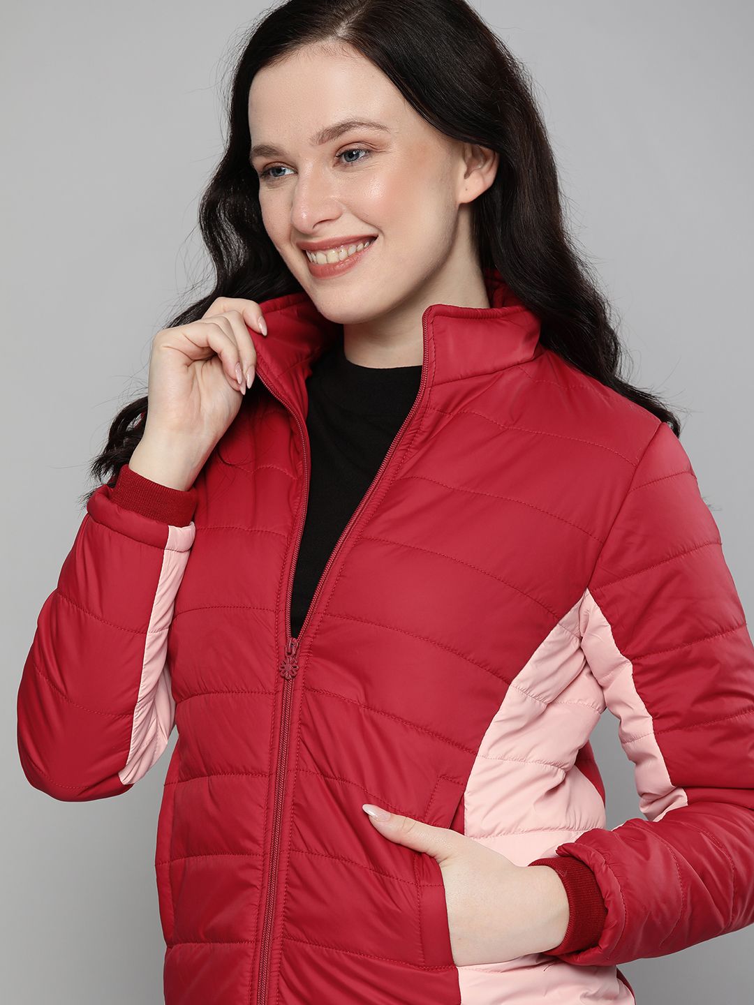 HERE&NOW Women Red & Peach-Coloured Colourblocked Padded Jacket Price in India