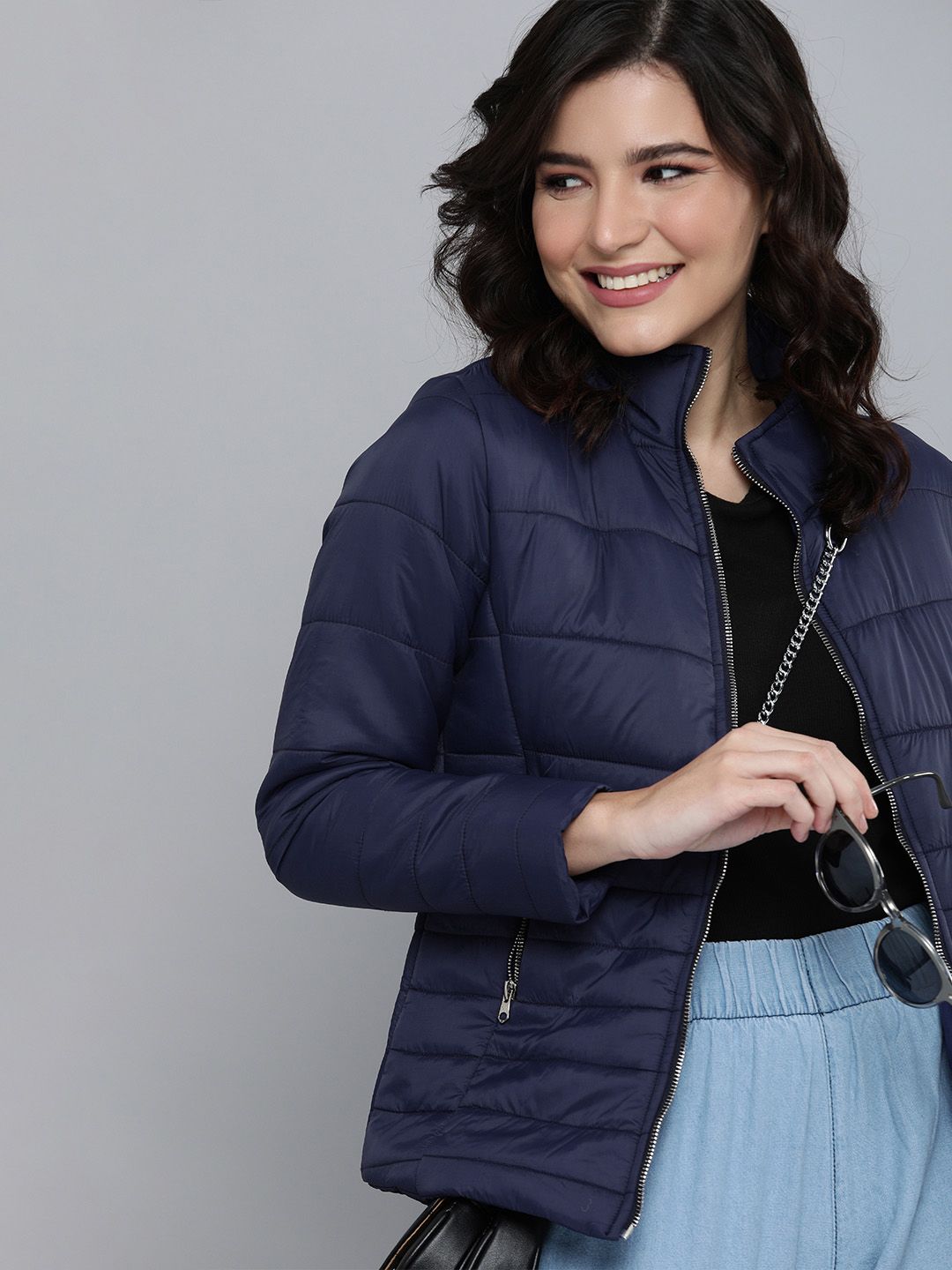 HERE&NOW Women Navy Blue Solid Padded Jacket Price in India