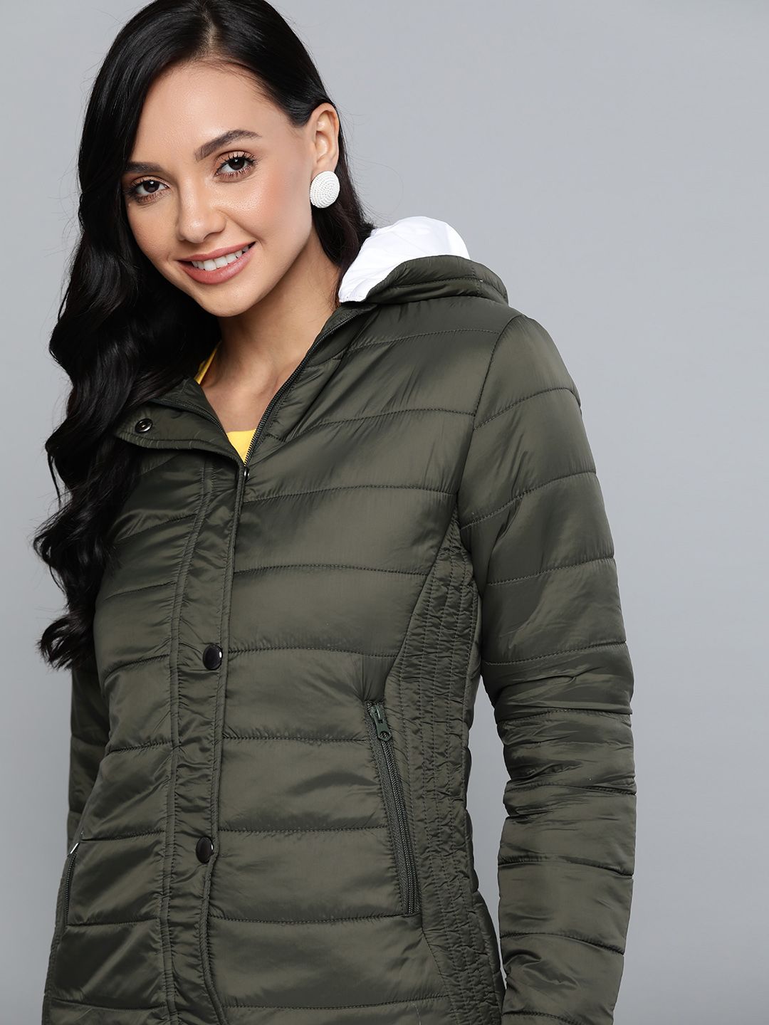 HERE&NOW Women Olive Green Solid Hooded Padded Jacket Price in India