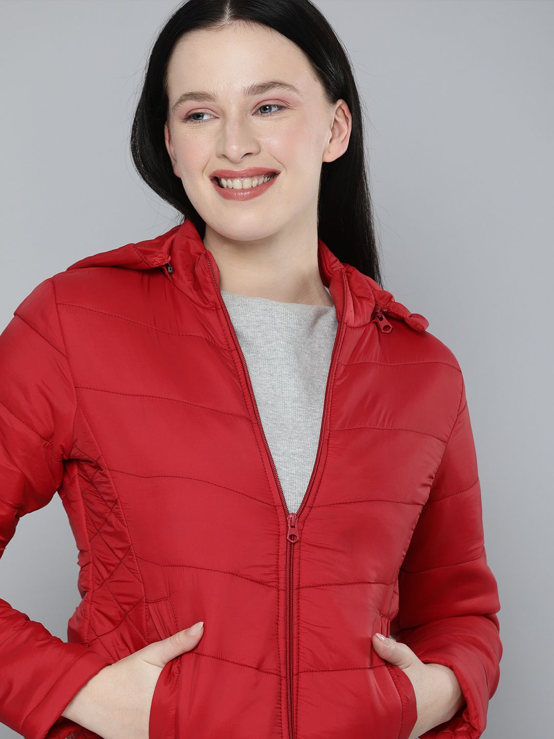 HERE&NOW Women Red Solid Hooded Padded Jacket Price in India