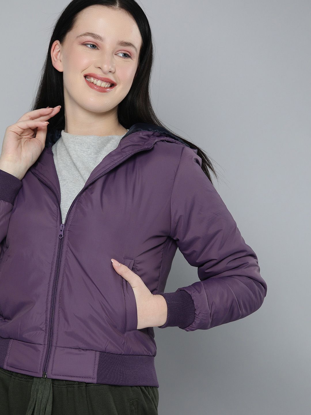 HERE&NOW Women Purple Solid Hooded Bomber Jacket Price in India