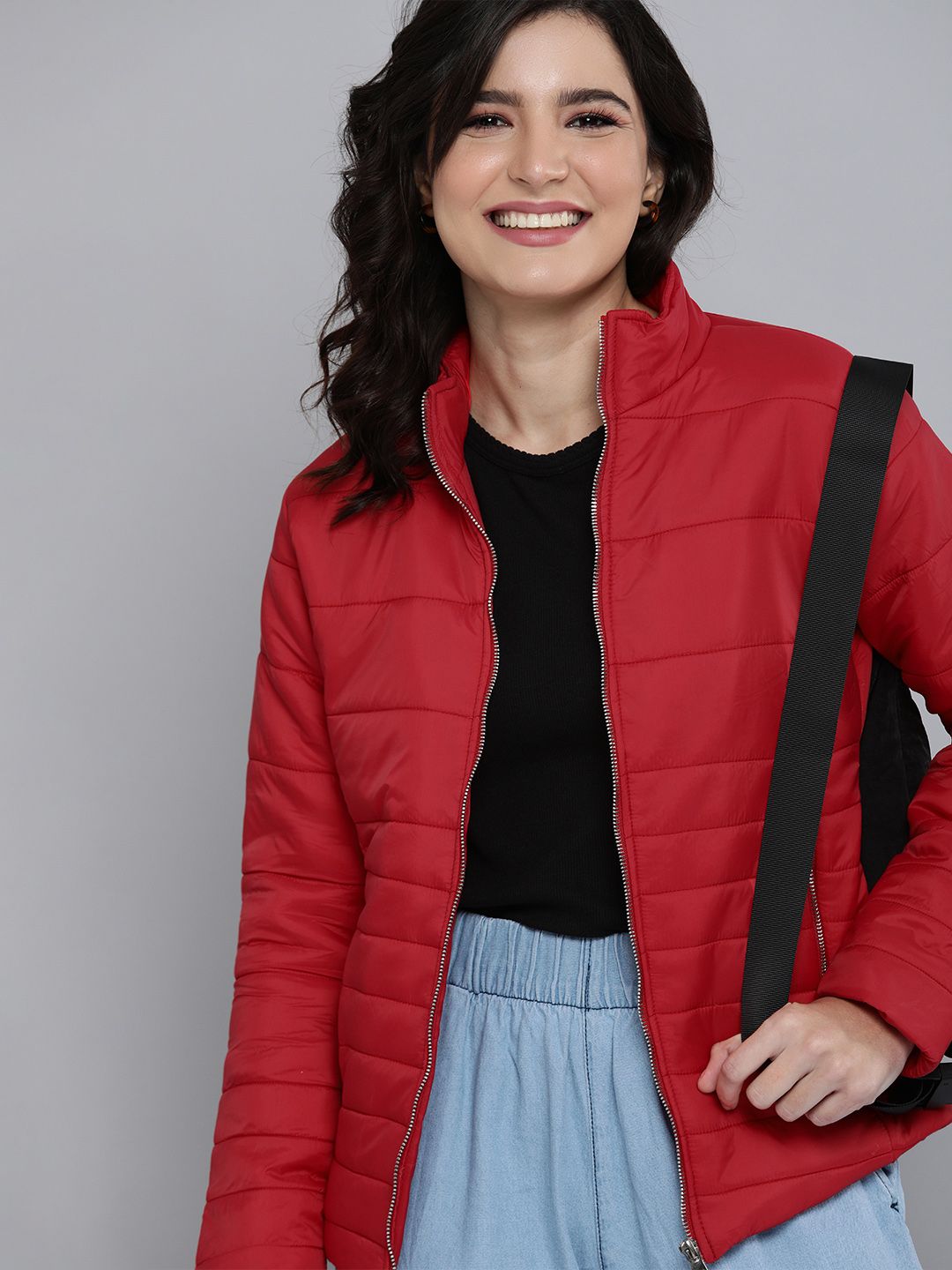 HERE&NOW Women Red Solid Padded Jacket Price in India