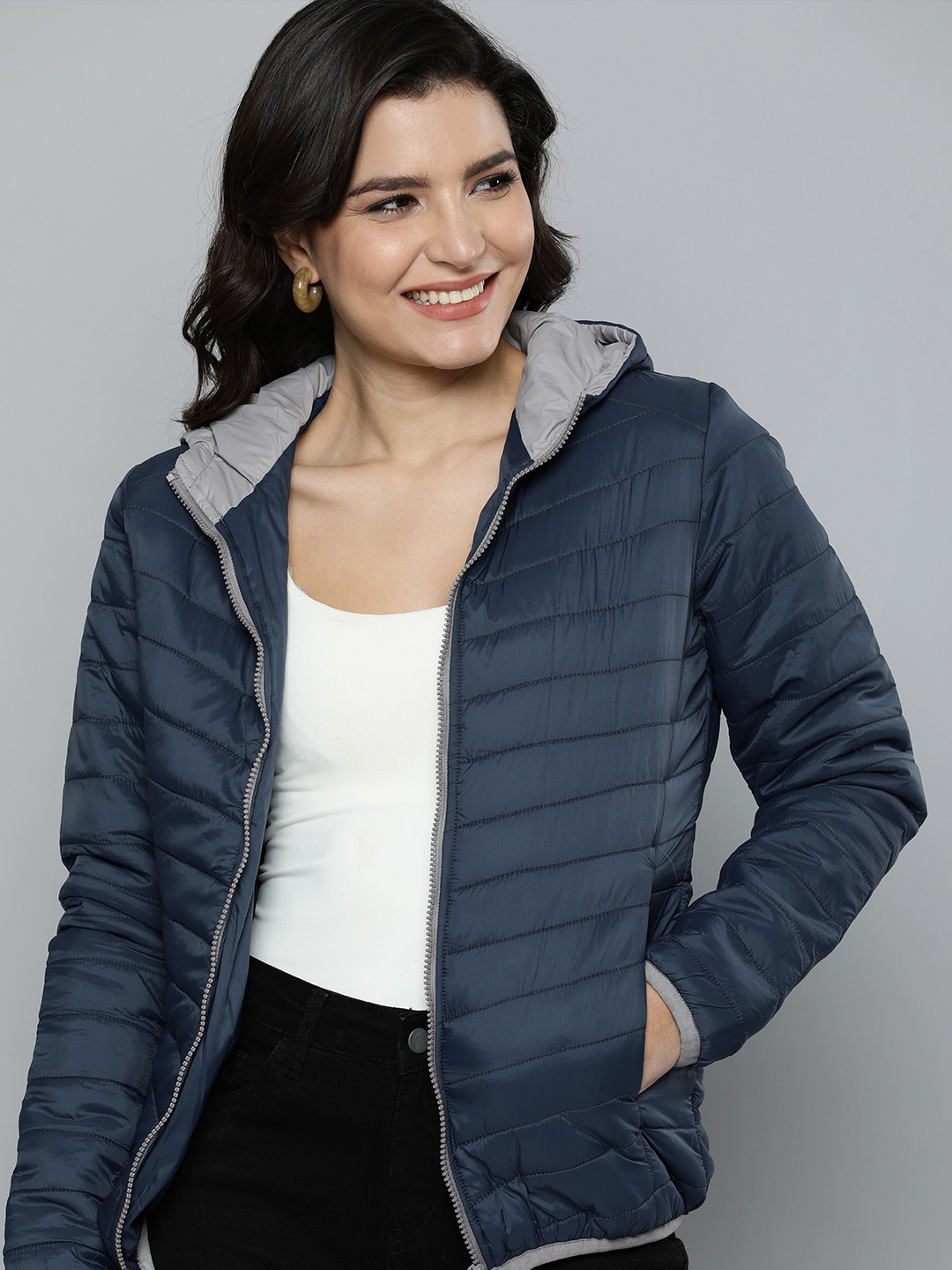 HERE&NOW Women Navy Blue Hooded Puffer Jacket Price in India