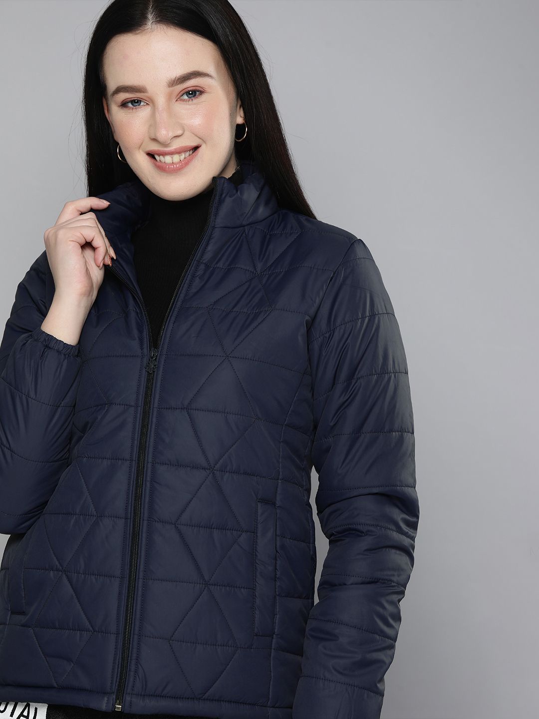 HERE&NOW Women Navy Blue Padded Jacket Price in India