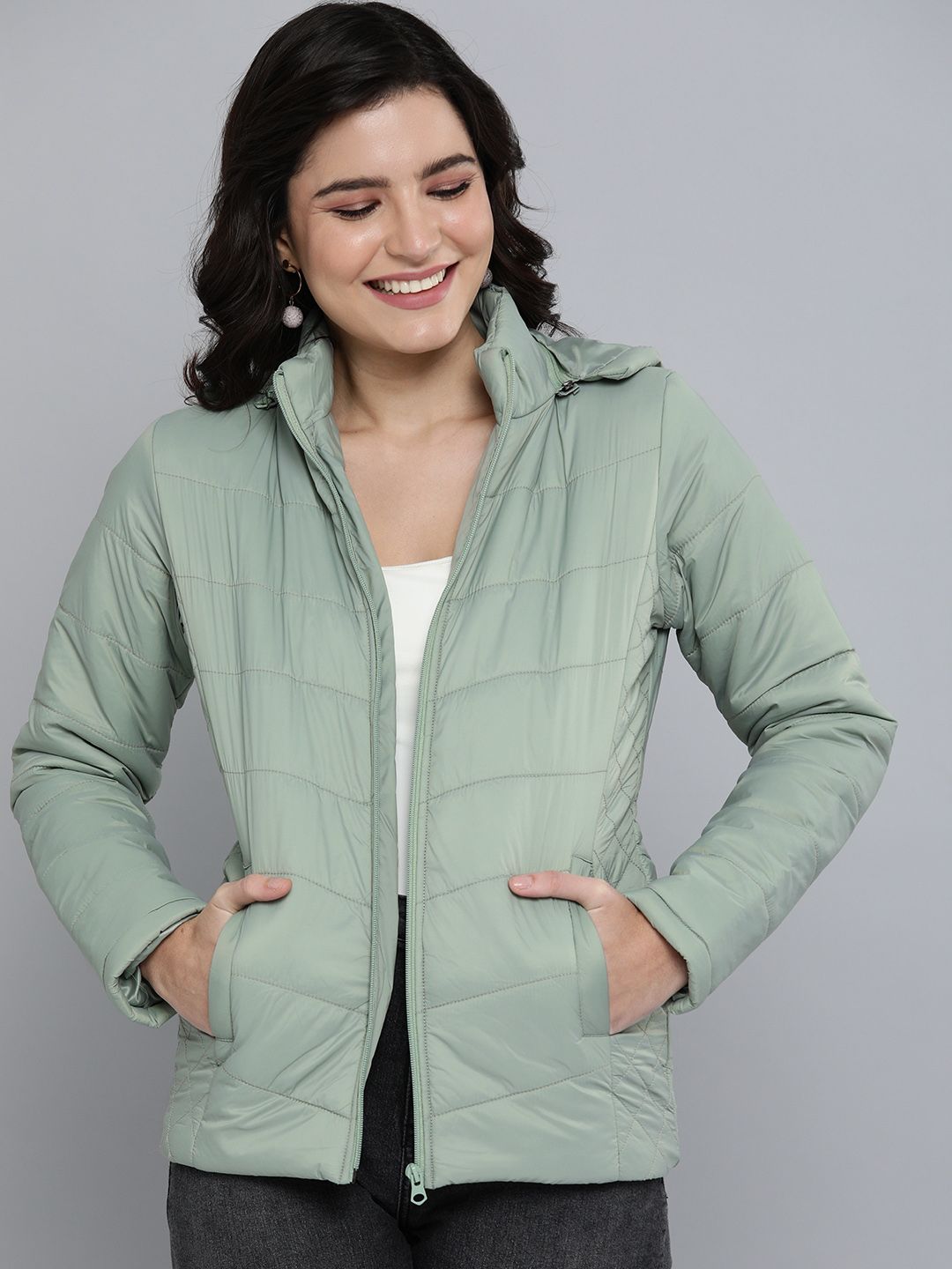 HERE&NOW Women Green Self-design  Bomber Jacket Price in India