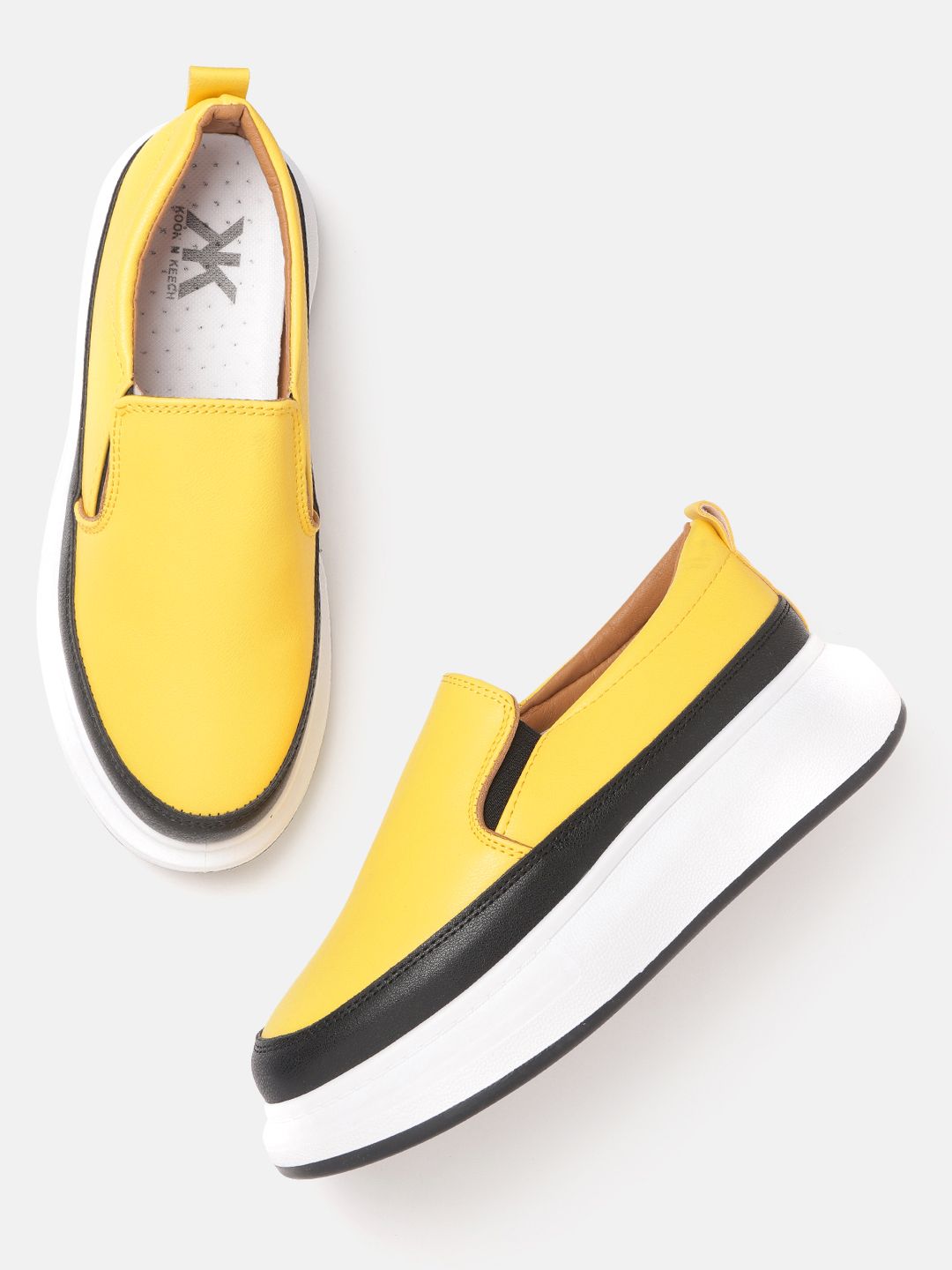 Kook N Keech Women Yellow & Black Solid Flatform Slip-On Sneakers Price in India