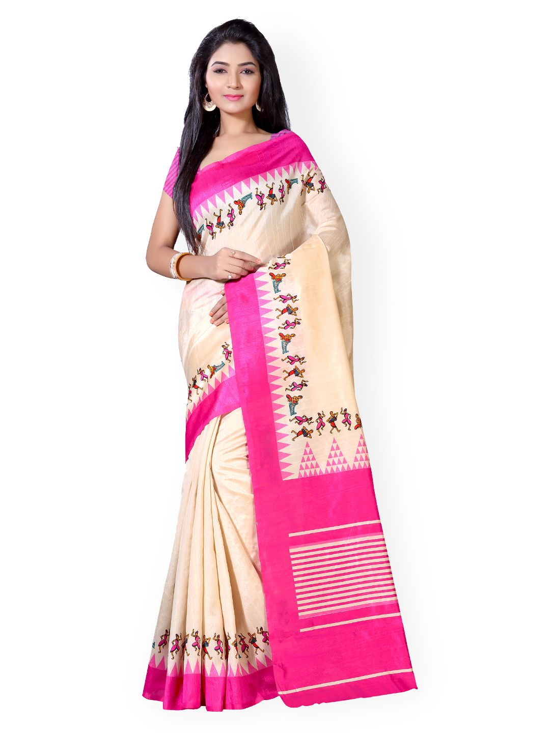 Saree mall Cream-Coloured & Pink Bhagalpuri Art Silk Saree Price in India