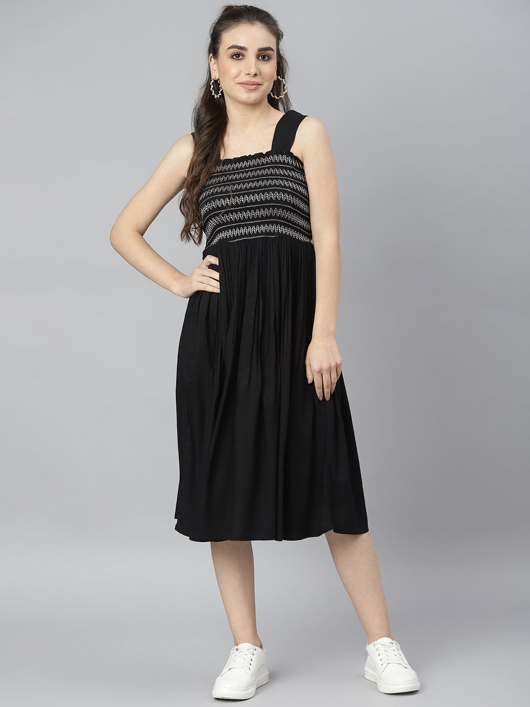 DEEBACO Black Striped Midi Dress Price in India