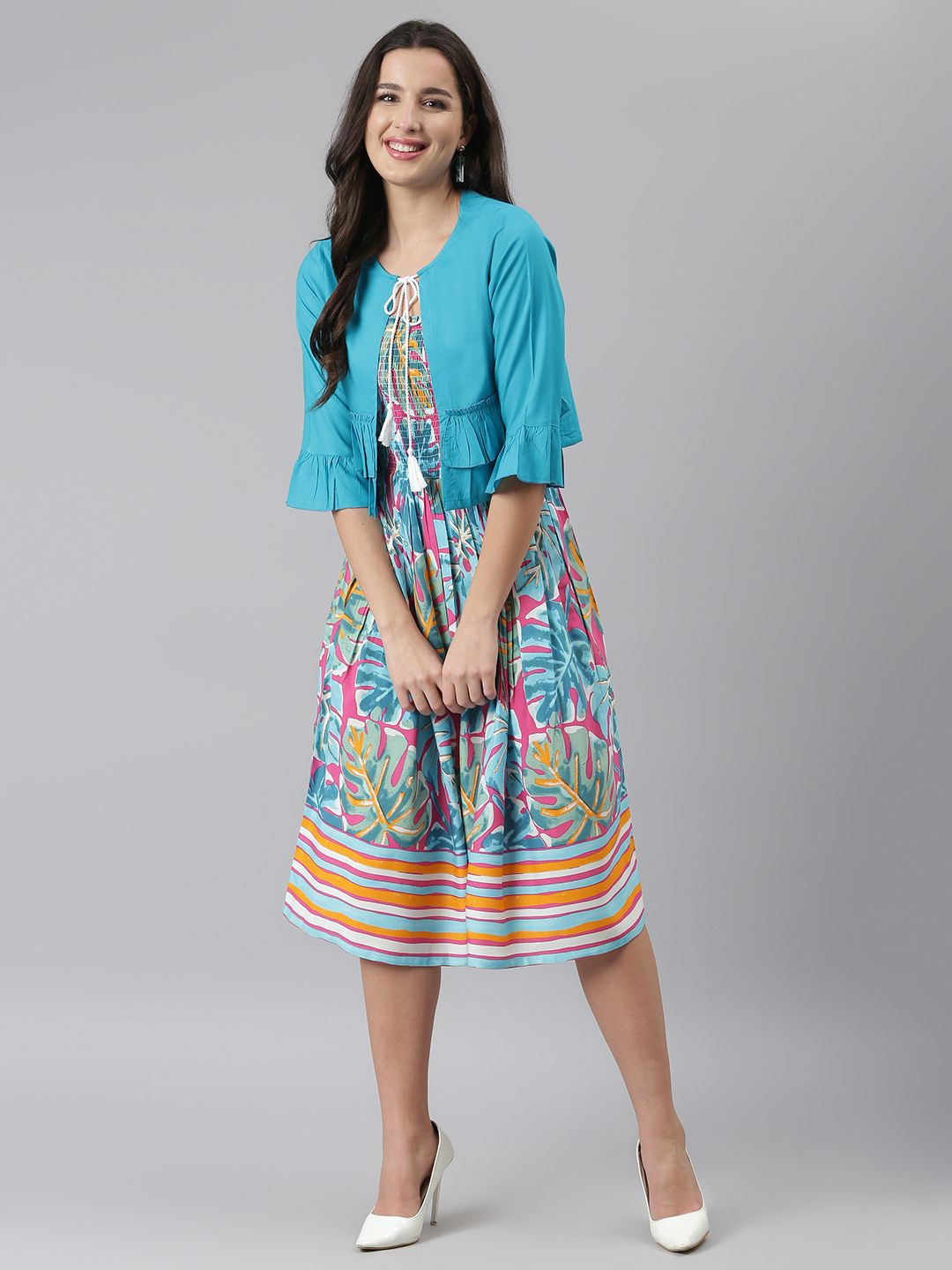 DEEBACO Turquoise Blue Tropical Printed Smocked Fit & Flare Dress With Shrug Price in India