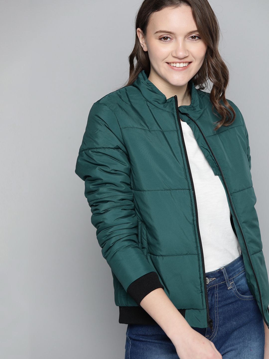 Mast & Harbour Women Green Solid Padded Jacket Price in India