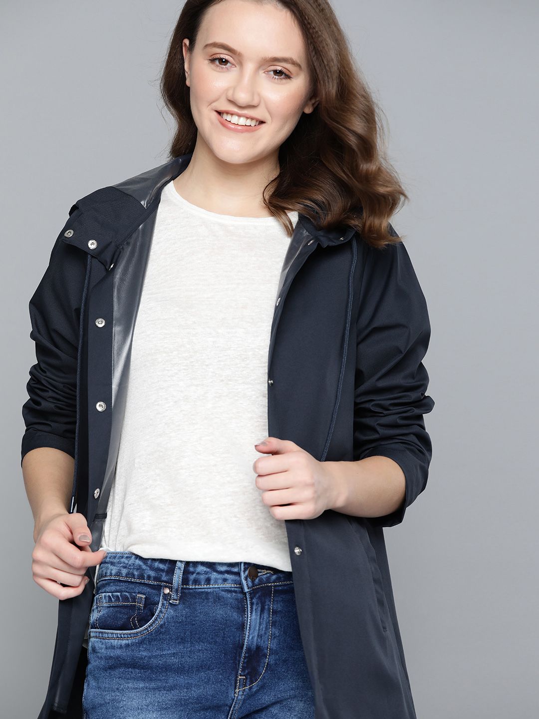 Mast & Harbour Women Navy Blue Hooded Lightweight Longline Jacket Price in India