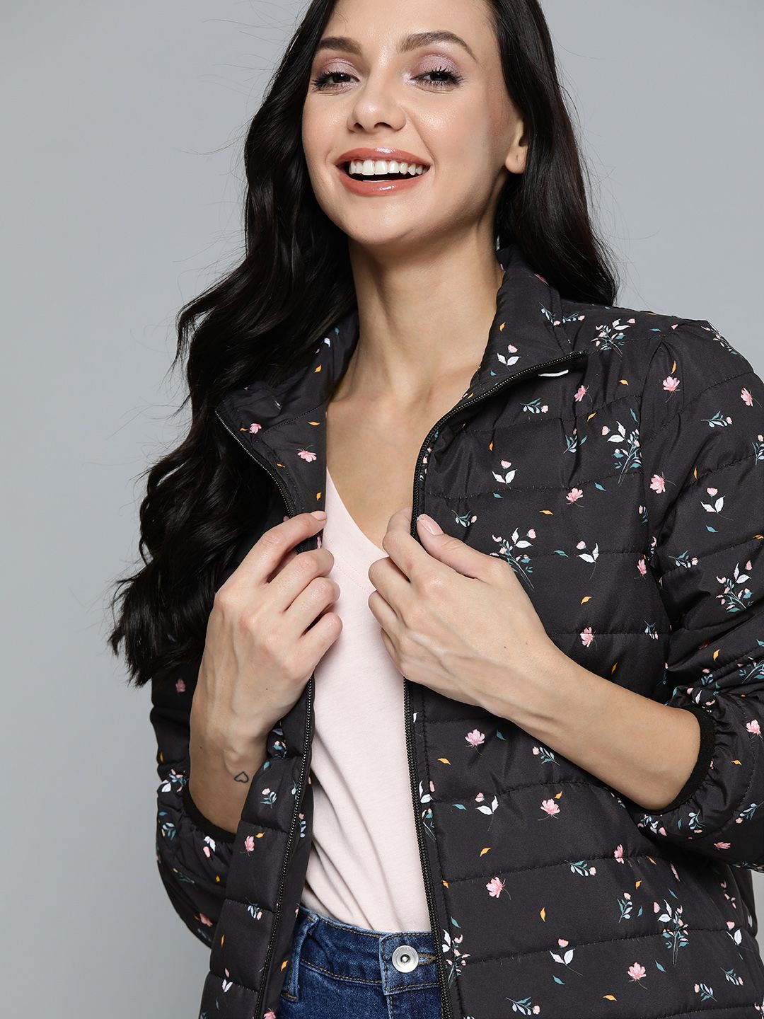 Mast & Harbour Women Black & Pink Floral Print Padded Jacket Price in India