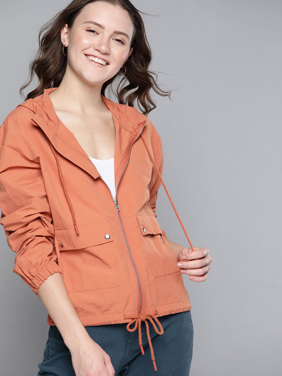 Mast & Harbour Women Peach-Coloured Solid Hooded Tailored Jacket Price in India
