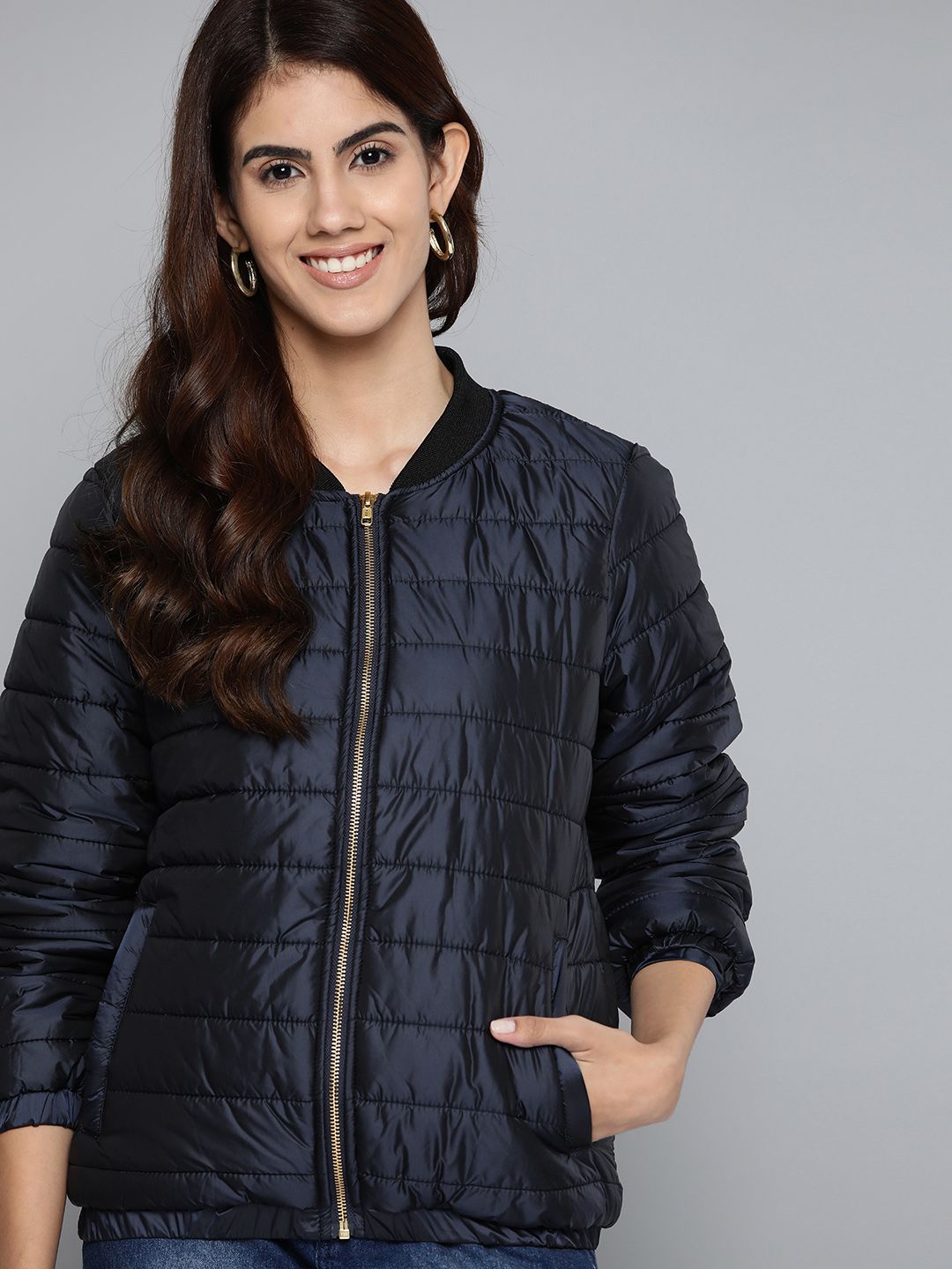 Mast & Harbour Women Navy Blue Solid Padded Jacket Price in India