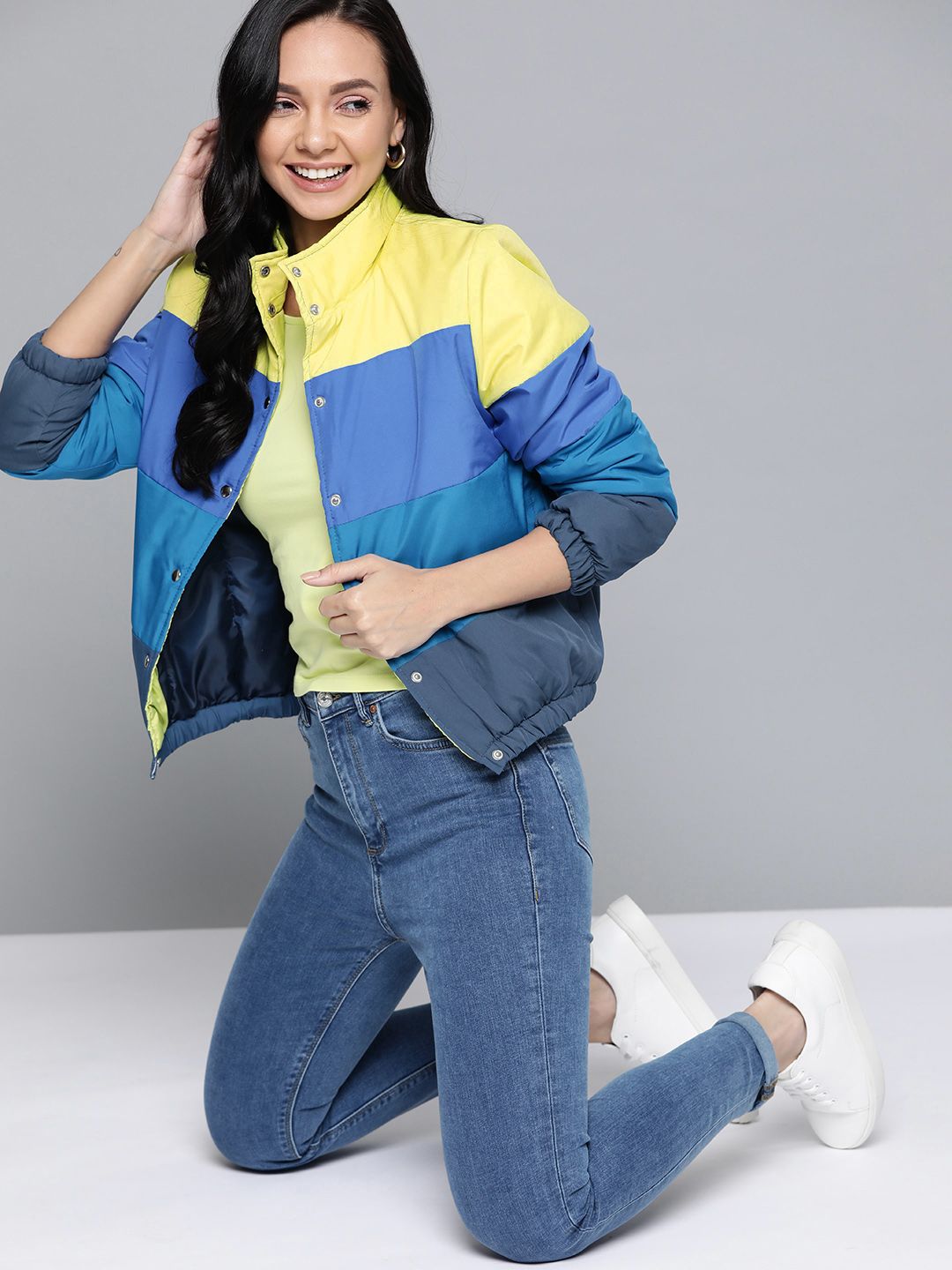 Mast & Harbour Women Blue & Yellow Colourblocked Padded Jacket Price in India