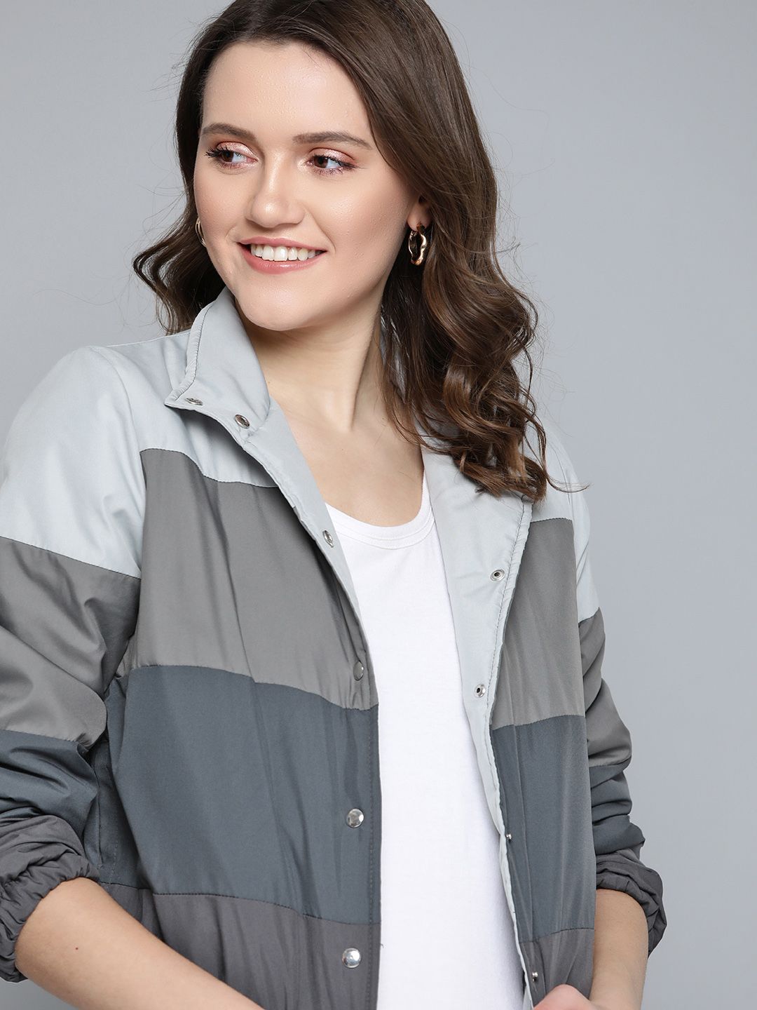 Mast & Harbour Women Grey Striped Padded Jacket Price in India