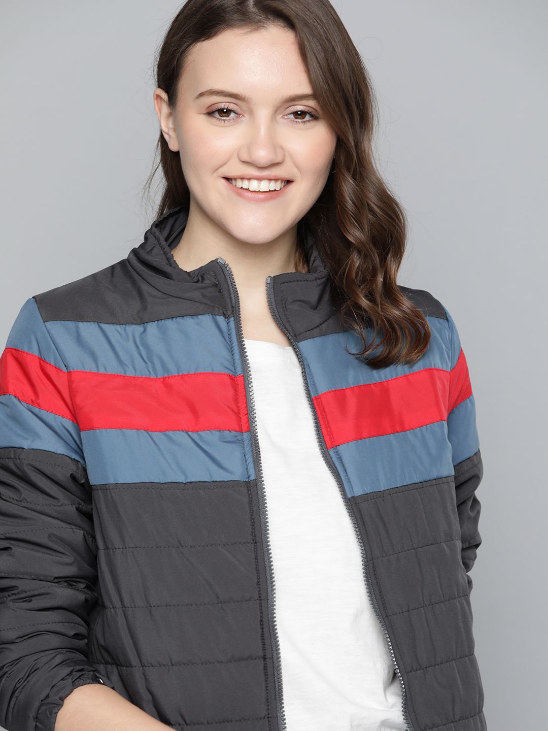 Mast & Harbour Women Charcoal Grey & Blue Striped Padded Jacket Price in India