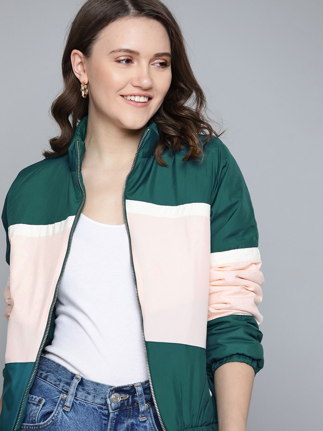 Mast & Harbour Women Green & Pink Colourblocked Bomber Jacket Price in India