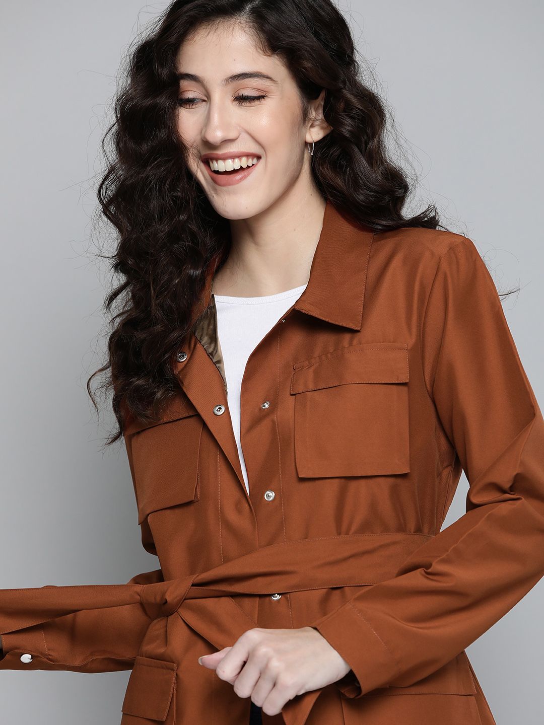 Mast & Harbour Women Rust Brown Solid Utility Jacket with Belt Price in India