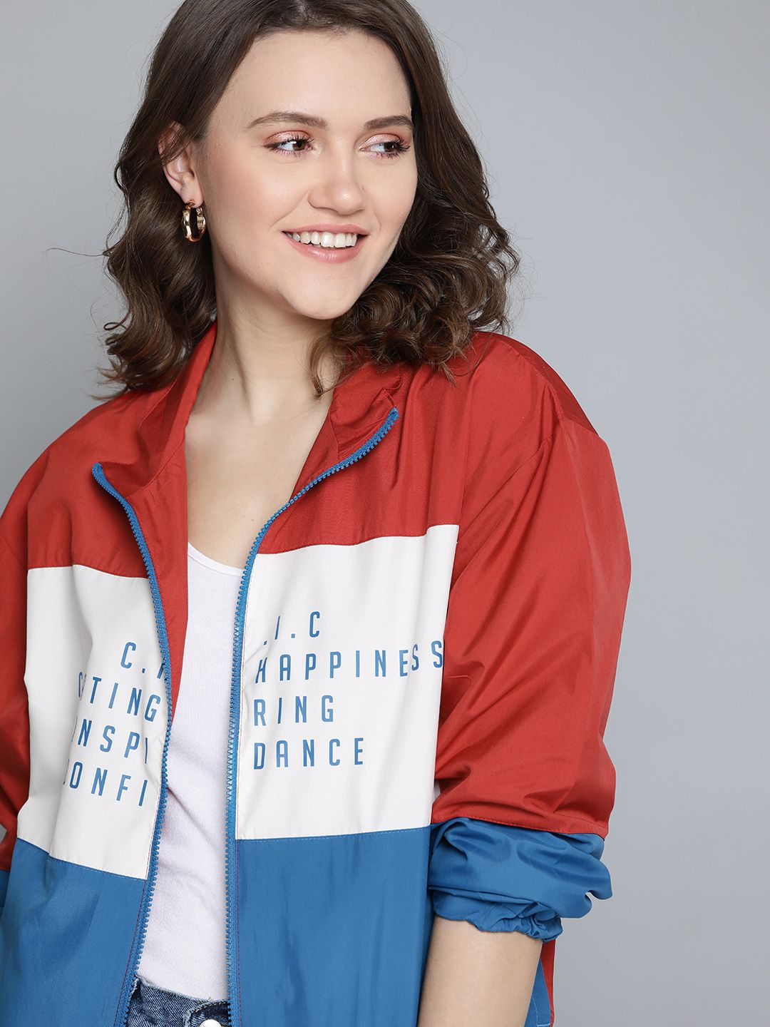 Mast & Harbour Women Red & White Colourblocked Bomber Jacket Price in India