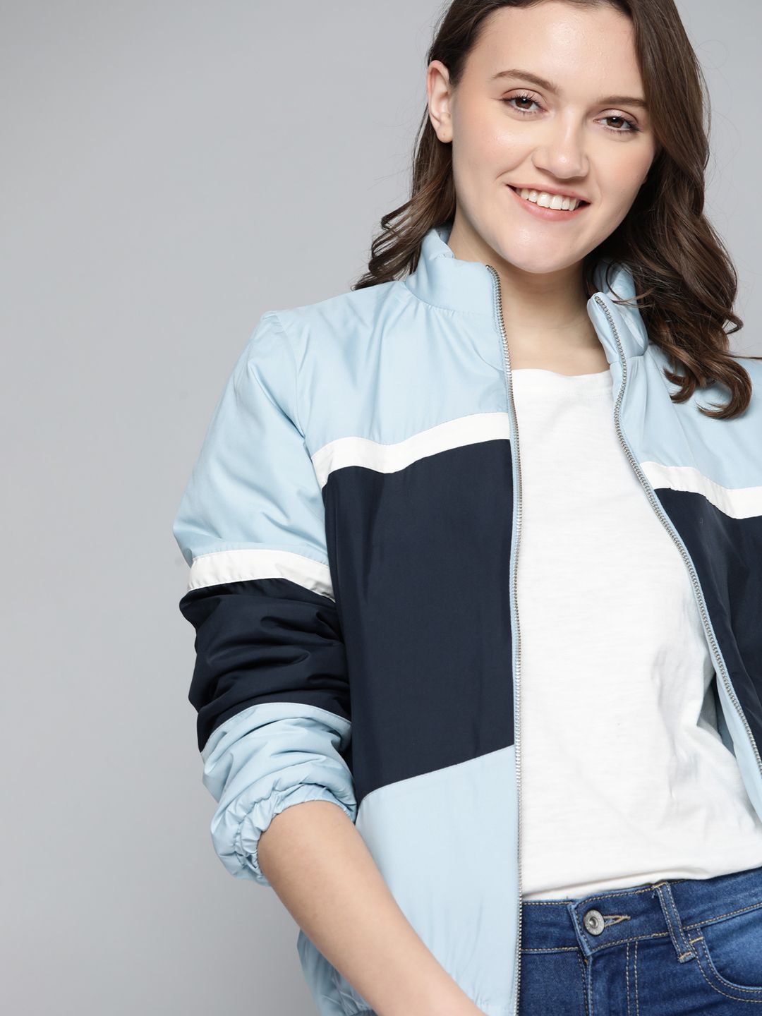 Mast & Harbour Women Blue Colourblocked Padded Jacket Price in India