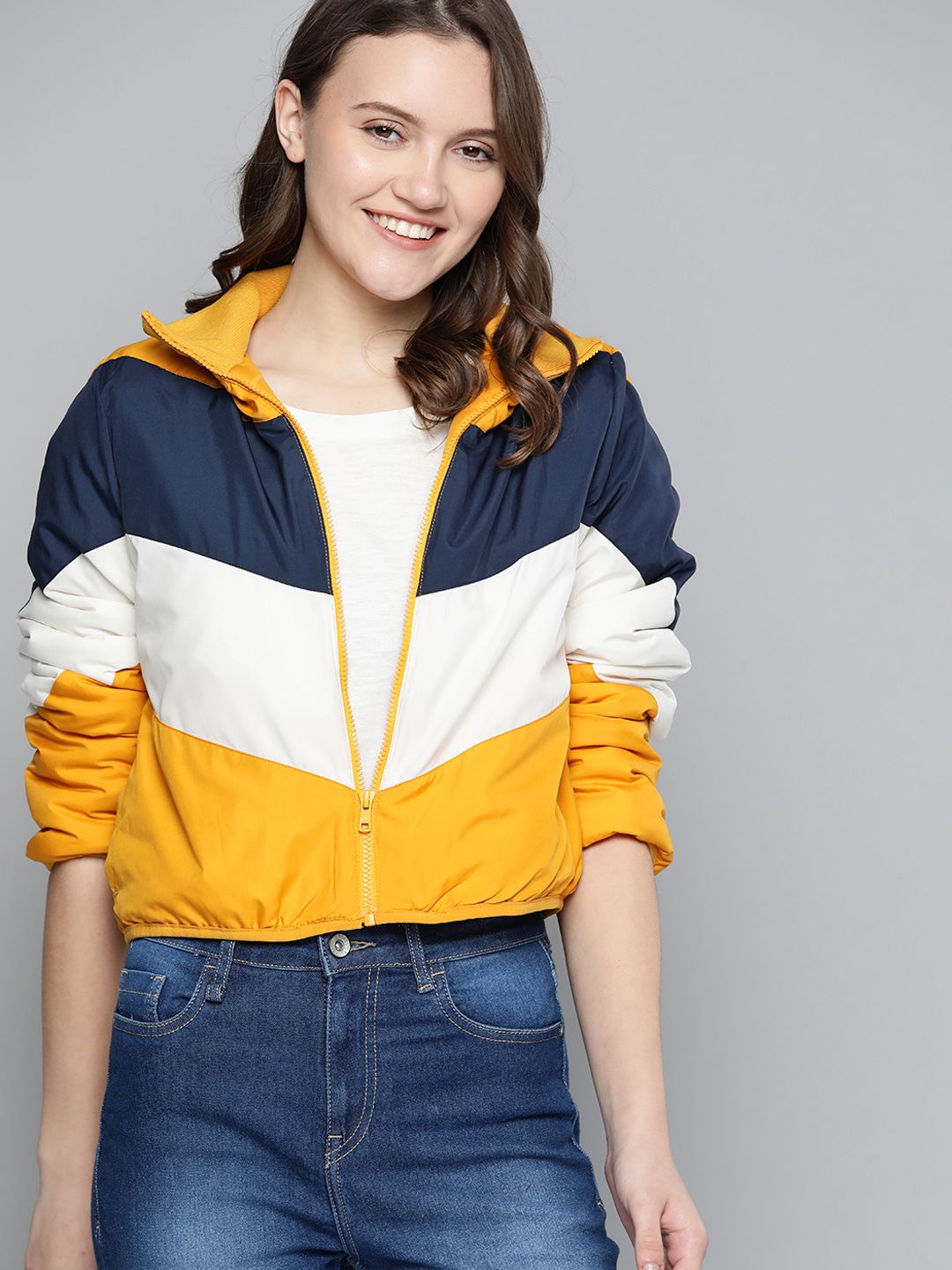 Mast & Harbour Women Mustard Yellow & Navy Blue Colourblocked Padded Jacket Price in India