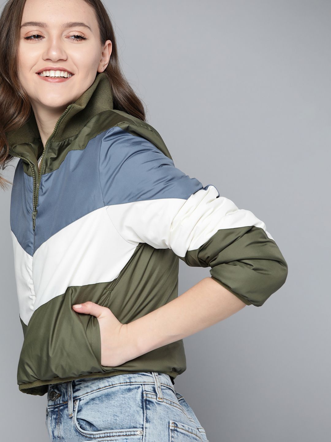 Mast & Harbour Women Olive Green & White Colourblocked Cropped Padded Jacket Price in India