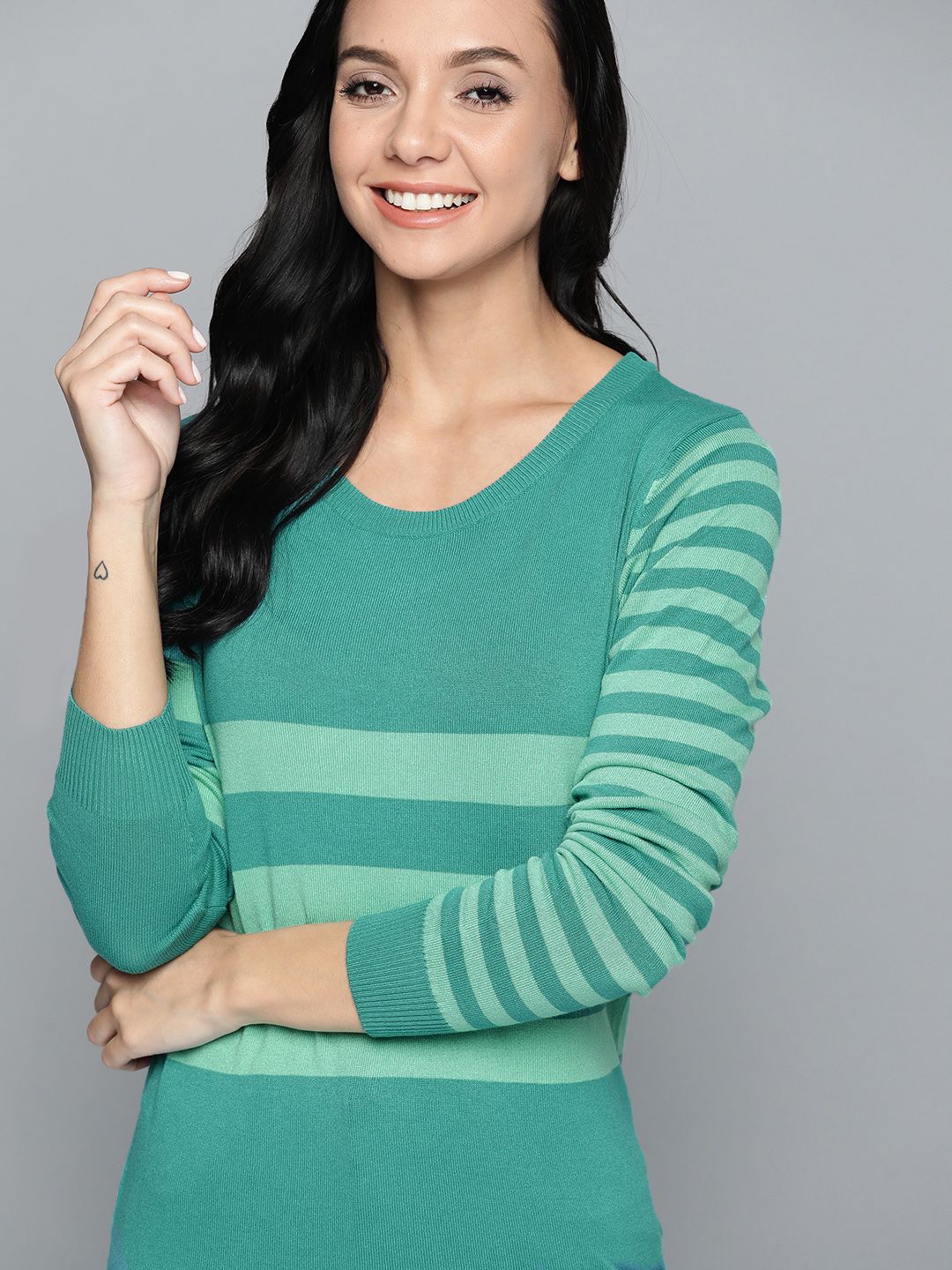Mast & Harbour Women Green Striped Pullover Price in India
