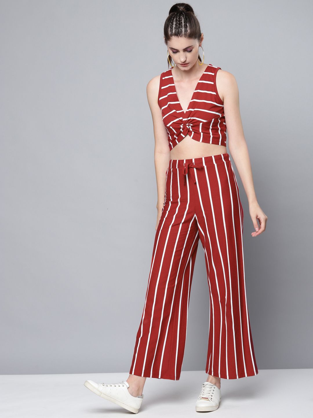 SASSAFRAS Women Maroon & White Striped High-Rise Parallel Trousers Price in India