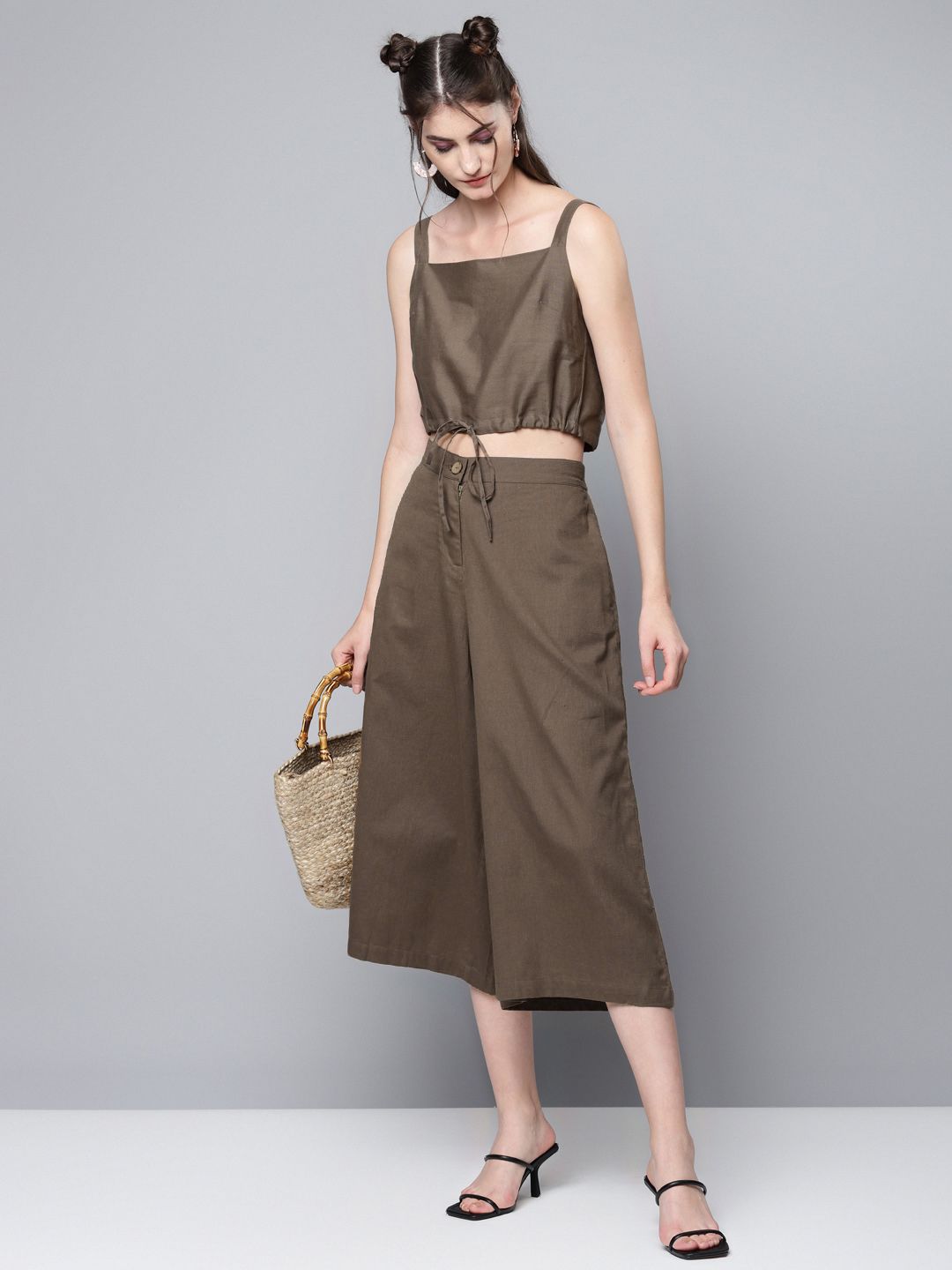 SASSAFRAS Women Olive Brown Solid Wide Leg Culottes Price in India
