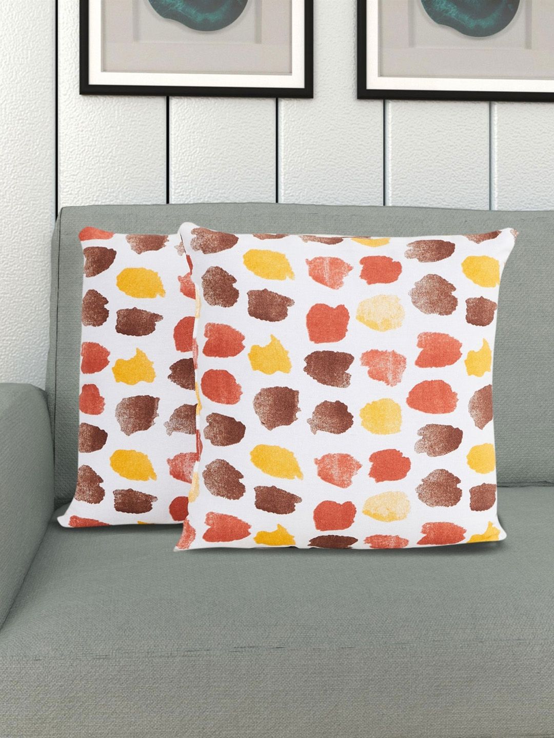 Home Centre Set Of 2 White & Orange Printed Cotton Filled Cushions Price in India