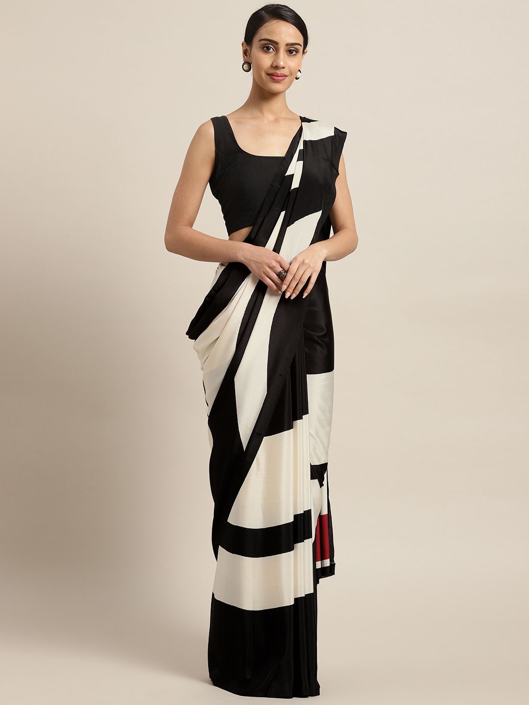 Kvsfab Cream-Coloured & Black Striped Saree