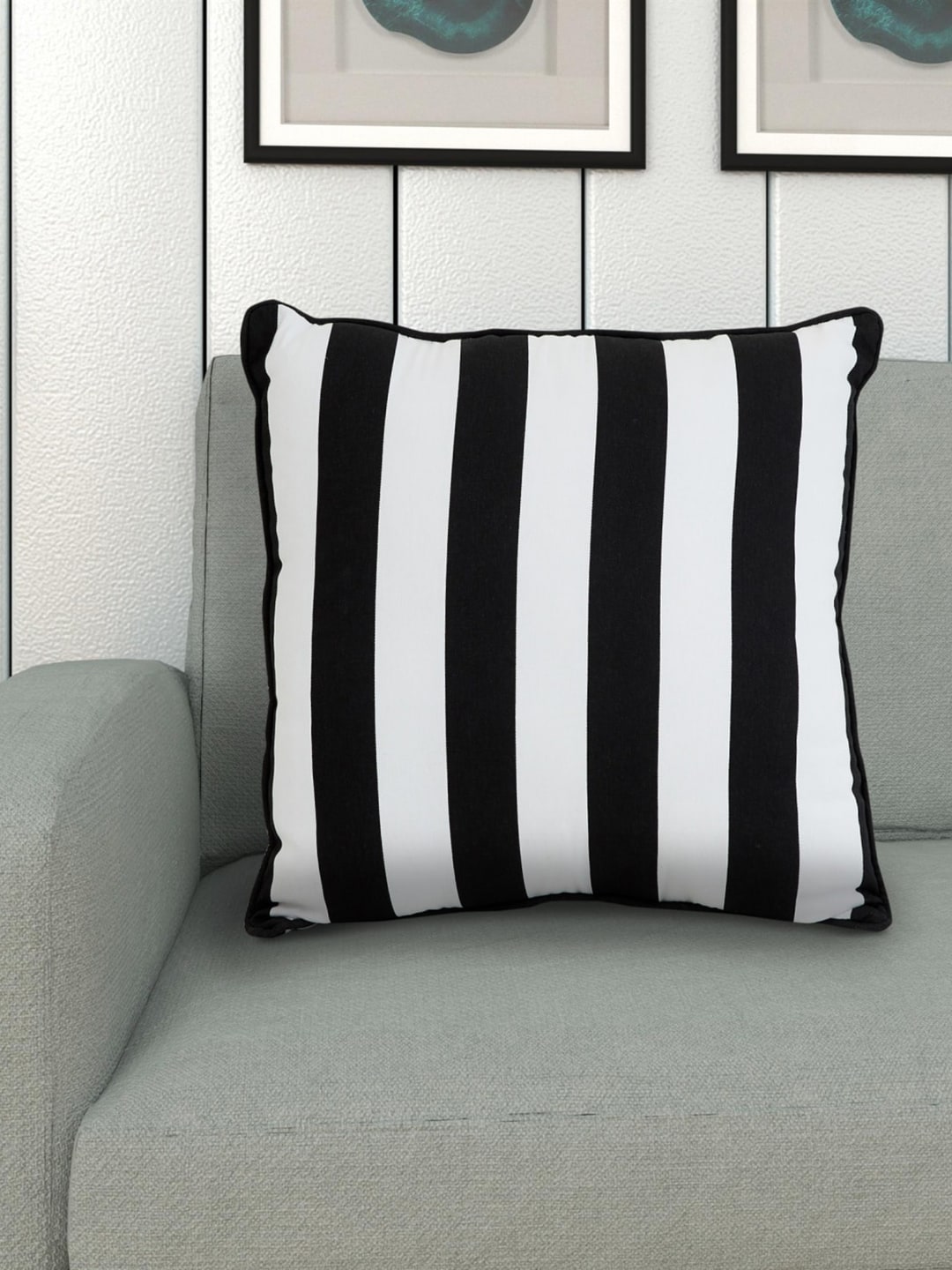 Home Centre Black & White Striped Cotton Square Floor Cushion Price in India
