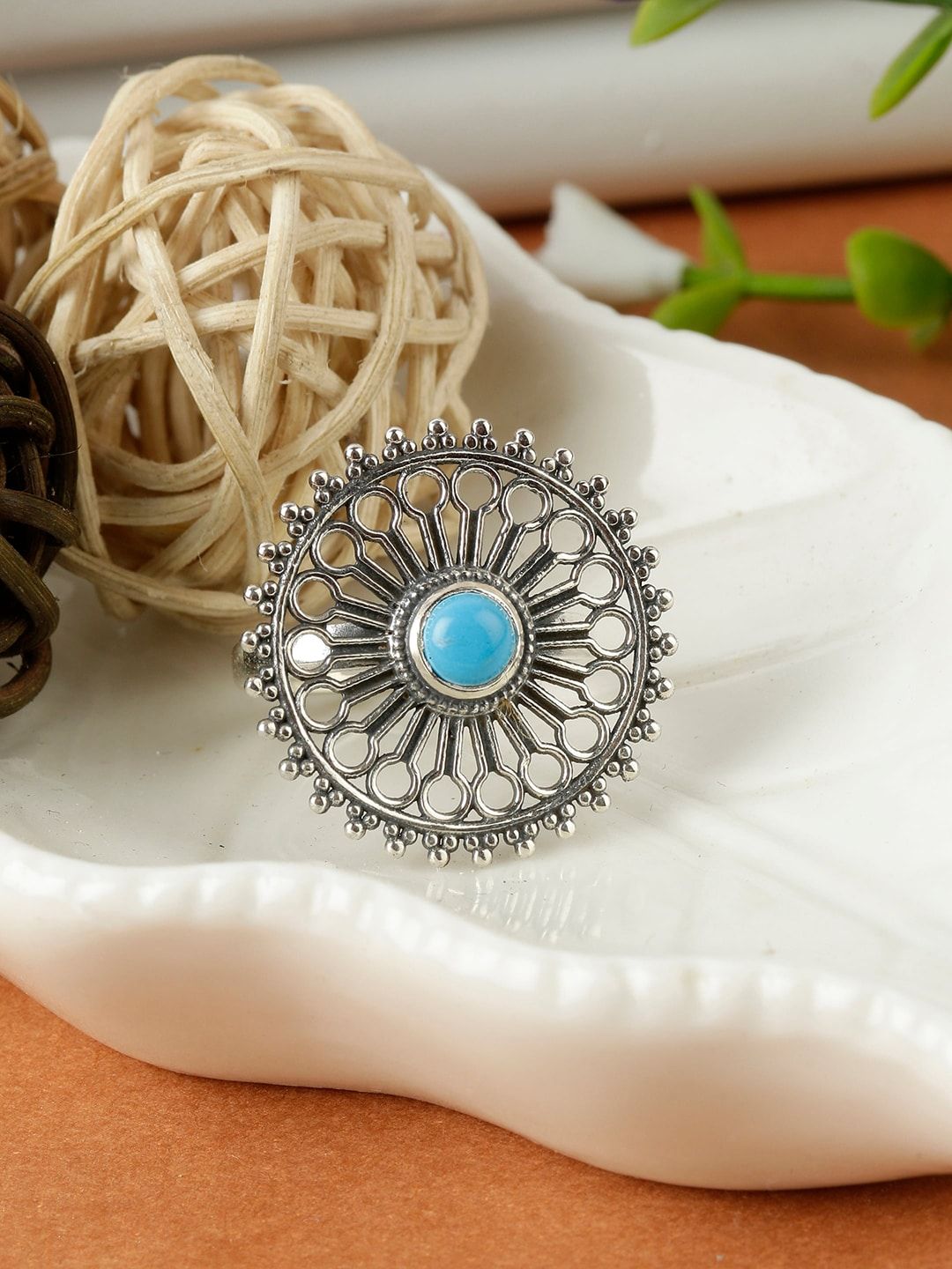 GIVA Oxidised 925 Sterling Silver Turquoise Blue Marcasite Stone-Studded Chakra Adjustable Finger Ring Price in India